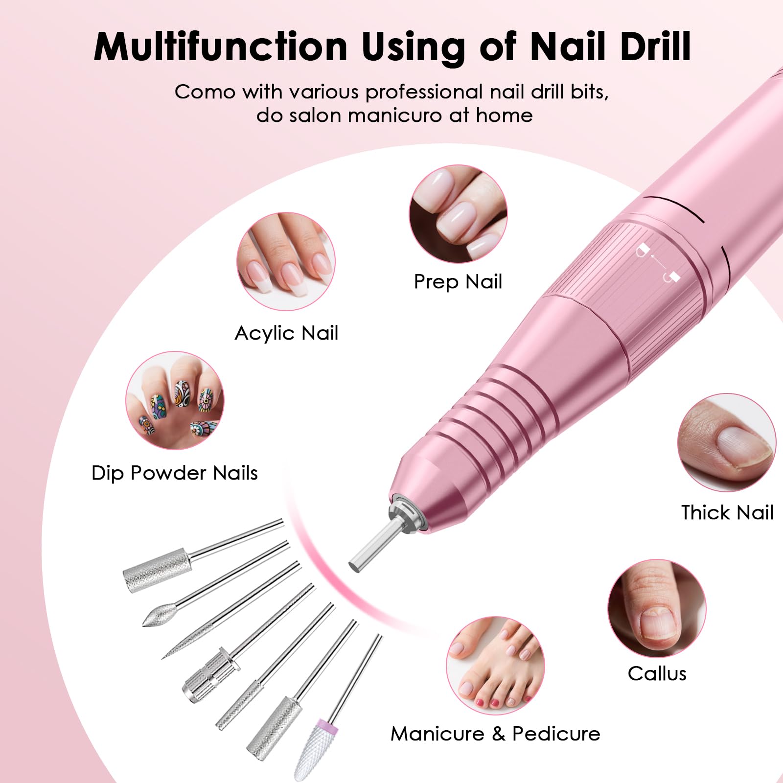 HUGMAPLE Lime à ongles électrique professionnelle 45 000 tr/min portable avec embouts et base, kit de perceuse à ongles sans fil rechargeable pour façonner, enlever et polir les ongles en gel pour