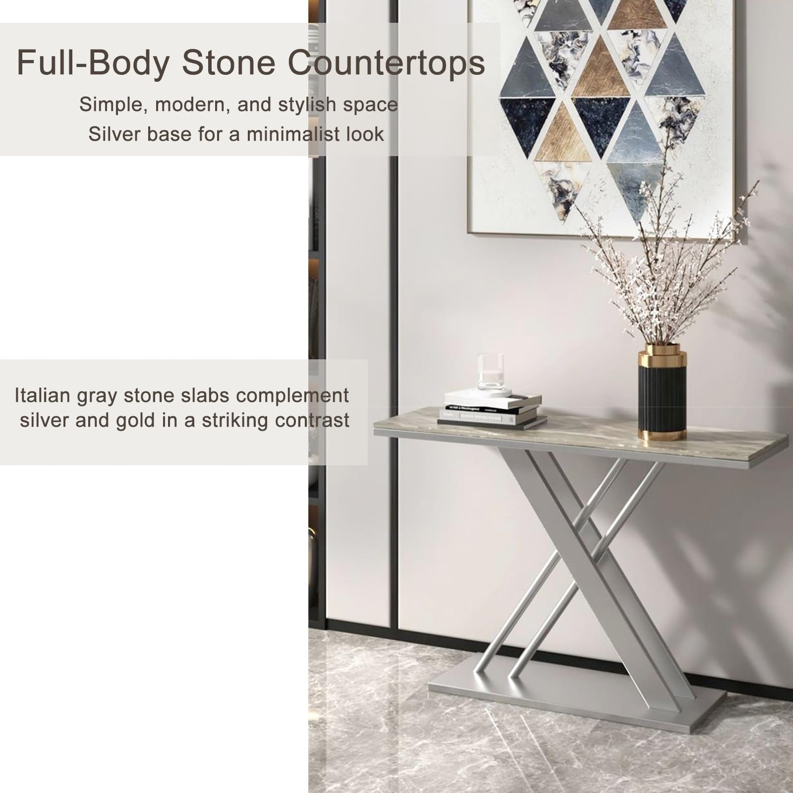 Consolle Stretta con Moderno Piano in Finto Marmo E Design A X Dietro Il Divano, Tavolo Consolle Ingresso Adatta A Piccoli Divani in Soggiorni E Ingressi(Silver,120cm/47.2in)