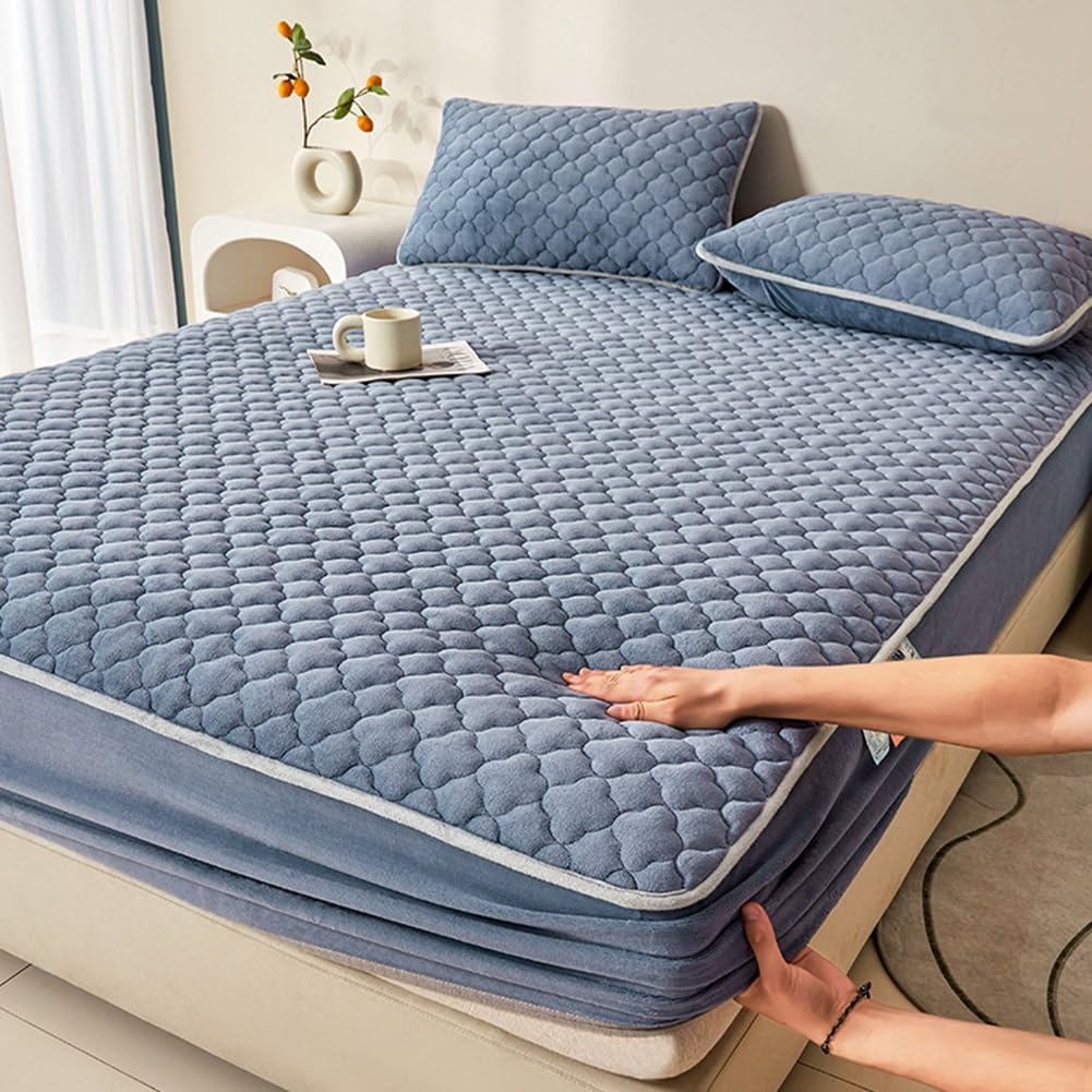 OBONG Winter Warm Thicken Mattress Cover King Queen Milk Velvet Fitted Sheet Bedding Quilted Mattress Pad Soft Breathable Elastic Fitted Mattress Protector (Color : #04, Size : Queen-150 * 200cm)