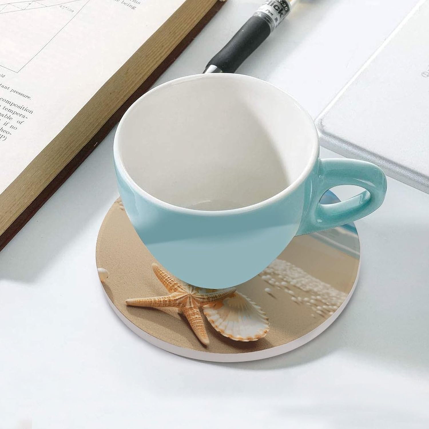 Starfish Shell and Beach Coasters for Drinks Absorbing Round Ceramic Stone Coaster with Cork Base Coffee Cup Beverage Table Cup Mat Modern Style Bar Coaster Set for Home Decor
