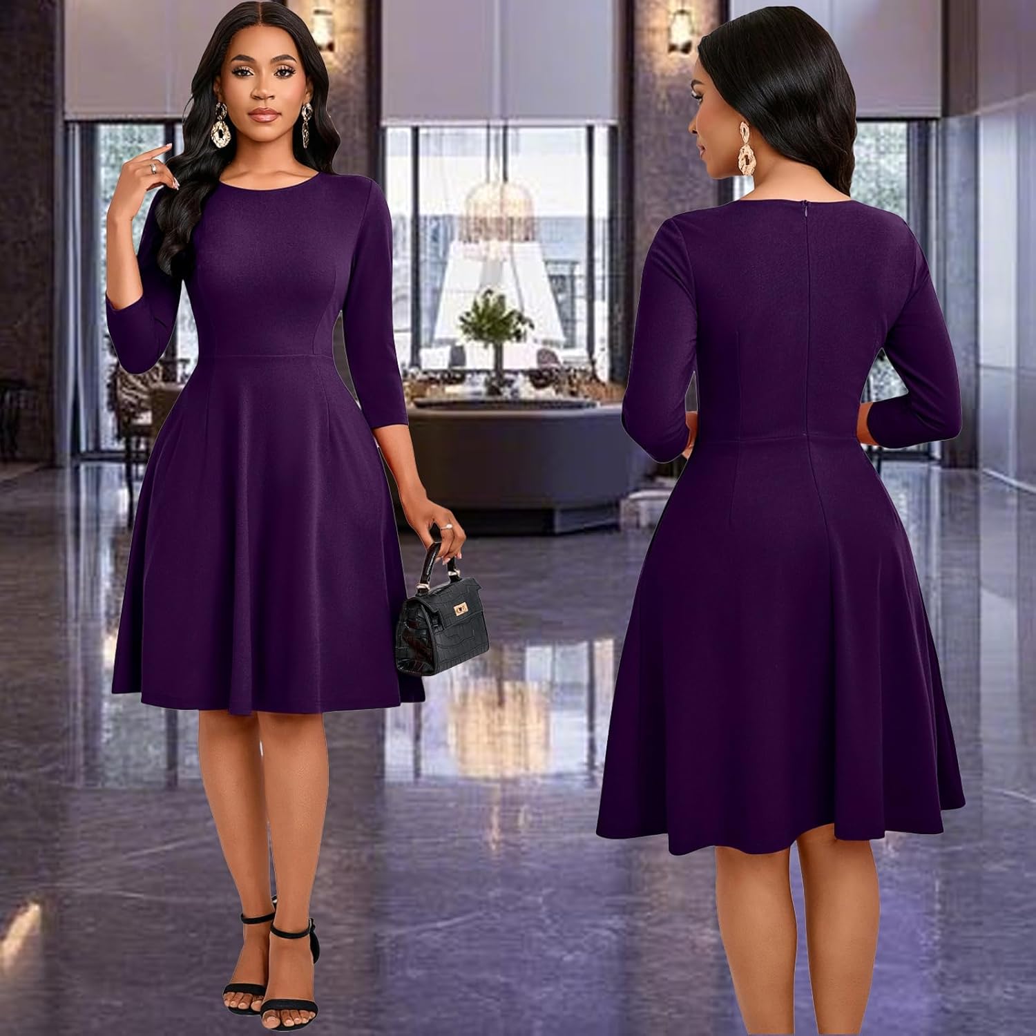 Women's Casual Long Sleeve Midi Dress Elegant A Line Empire Waist Crew Neck Flowy Swing Dress - Image 9