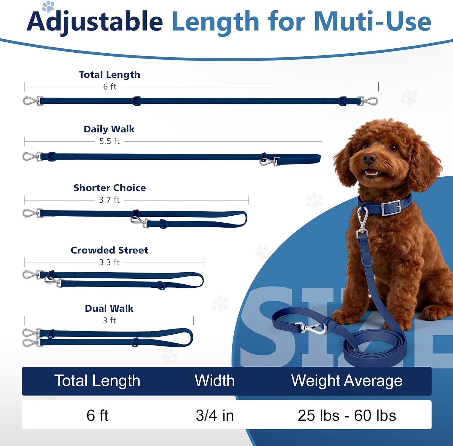Waterproof Dog Leash, Easy to Clean, Blue PVC Leash with Multifunctional Dual Hooks, Adjustable 3ft-6ft for Walking, Heel Training, Swimming (Navy Blue)