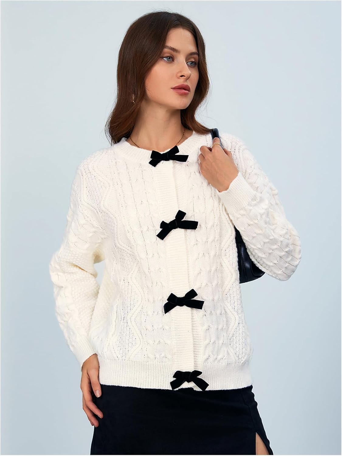 MakeMeChic Women's Bow Knot Sweater Cardigan Cable Knit Long Sleeve Crew Neck Knitted Cardigan Outerwear - Image 3