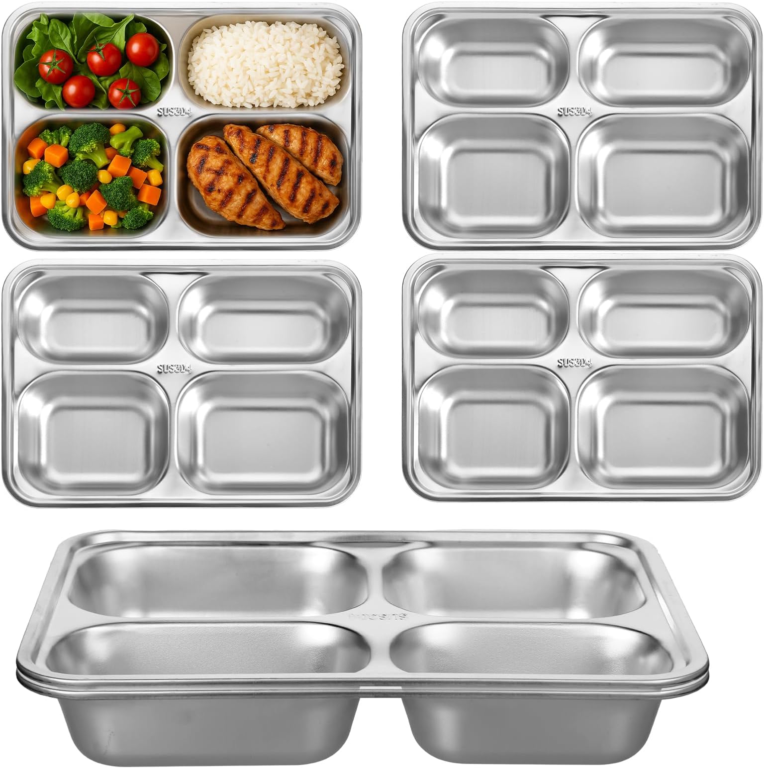 6 Pack Stainless Steel Divided Plates Tray Rectangular Metal Dinner Section Plates for Adults Food Portion Control Camping Lunch(3 Compartment Style)