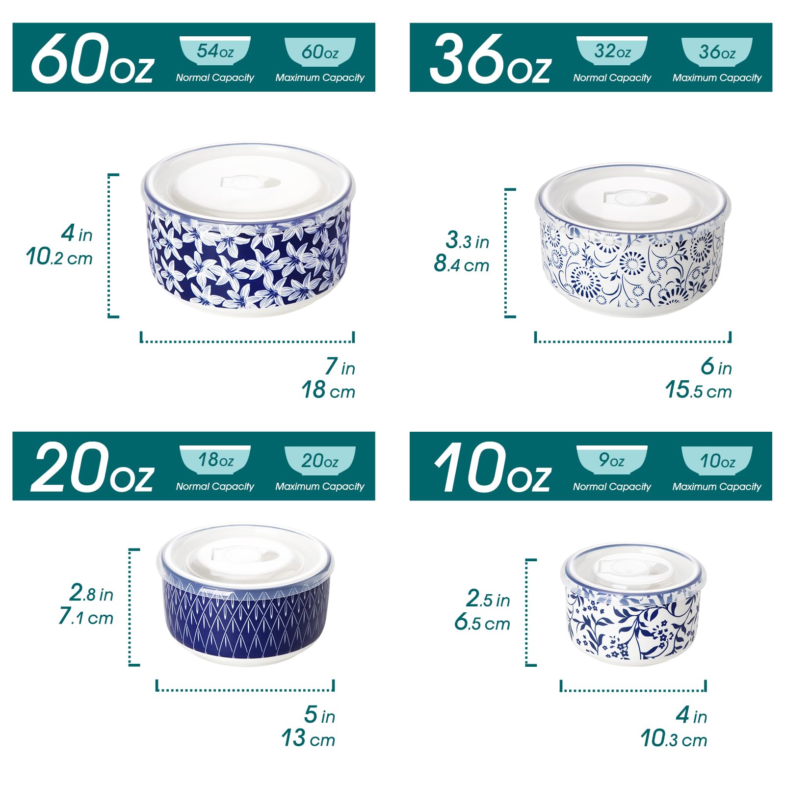 vancasso SELENE - Set di 4 Contenitori per Alimenti, Lunch Box in Ceramica, Contenitori per la Cucina, Ideali per cereali, insalate, zuppe, Utilizzabili in microonde e congelatore - Bianco e Blu