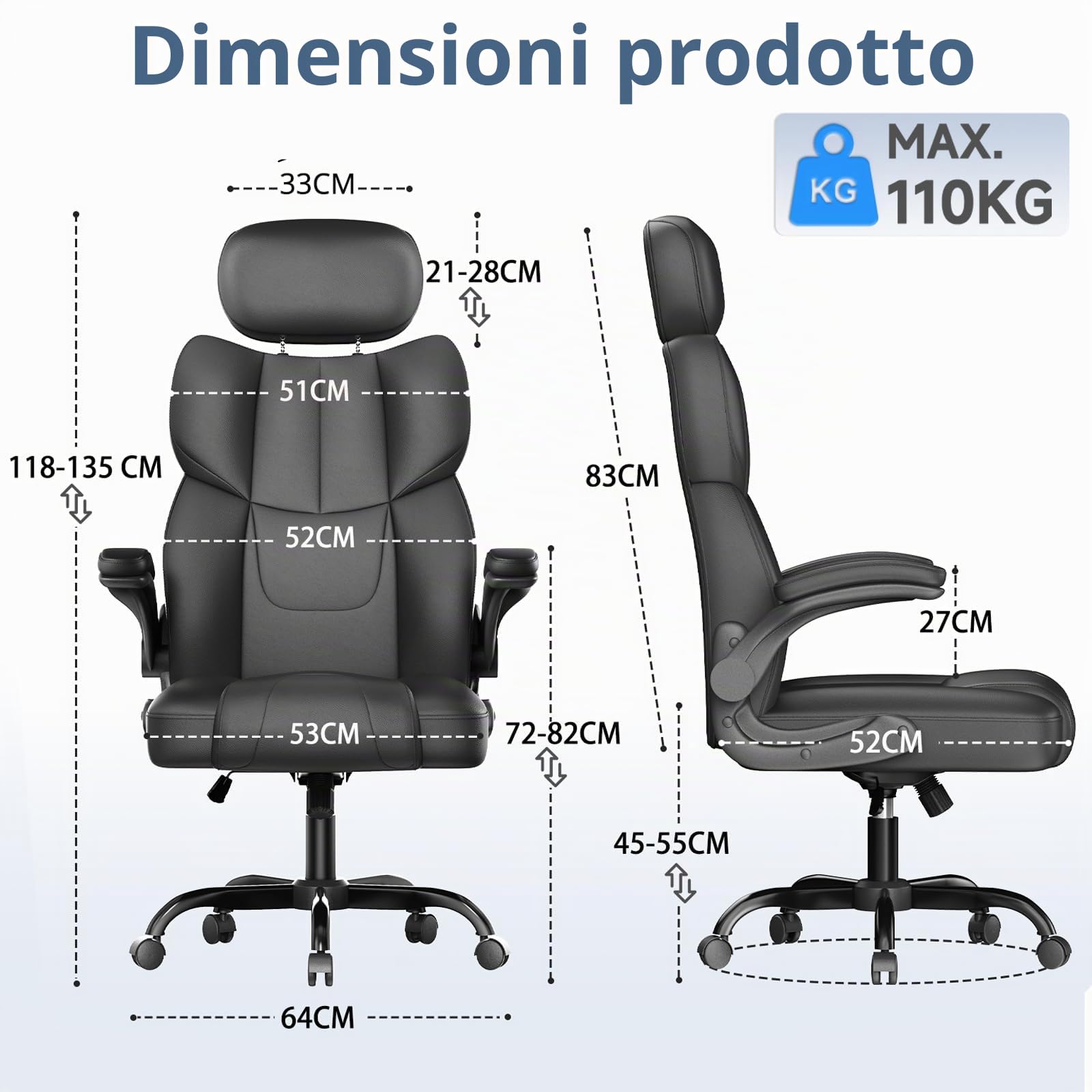 naspaluro Sedia Ufficio Ergonomica con Braccioli Regolabili, Sedia Scrivania con Rotelle, Poltrona Direzionale PU, Supporto Lombare, Schienale Alto 83 cm, Altezza Regolabile e Girevole 360°, Nero