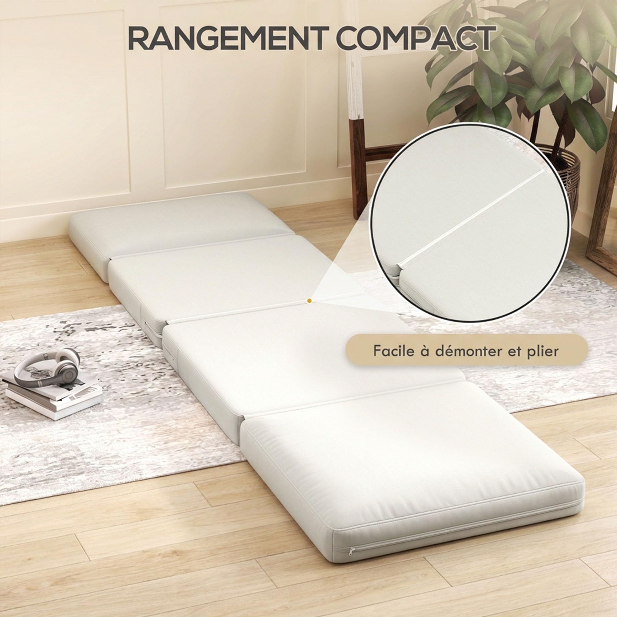 HOMCOM Canapé Convertible 1 Place en Velours Pliable Fauteuil Paresseux chauffeuse canapé-lit pour invités Salon, capacité 240 kg, 75 x 268 x 18 cm, crème