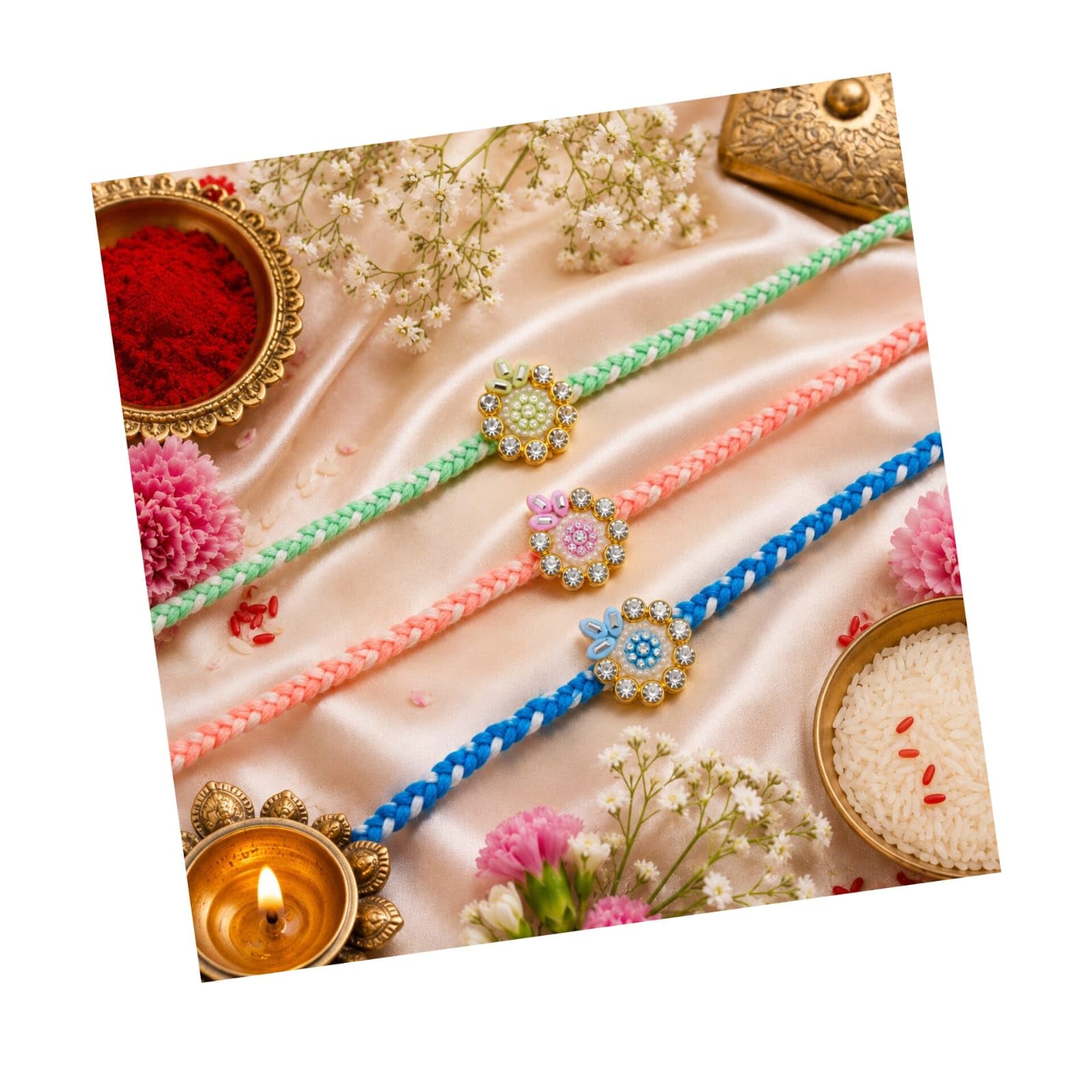 Set of 3 Premium Rakhi for Brother, Bhaiya Rakhi Gift, Pastel Floral Stone Handcrafted Designer Rakhi Combo Pack with Roli Chawal for Rakshabandhan-image-32