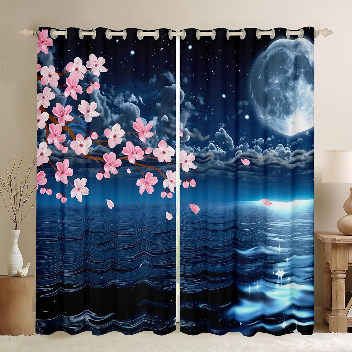 Homemissing Kids Cherry Blossoms Curtains for Bedroom Living Room Moon Darkening Drapes Decor Ocean Floers Pattern 30%-50% Blackout Curtains Cherry Flower Blue Window Treatments W66*L72 — image 1