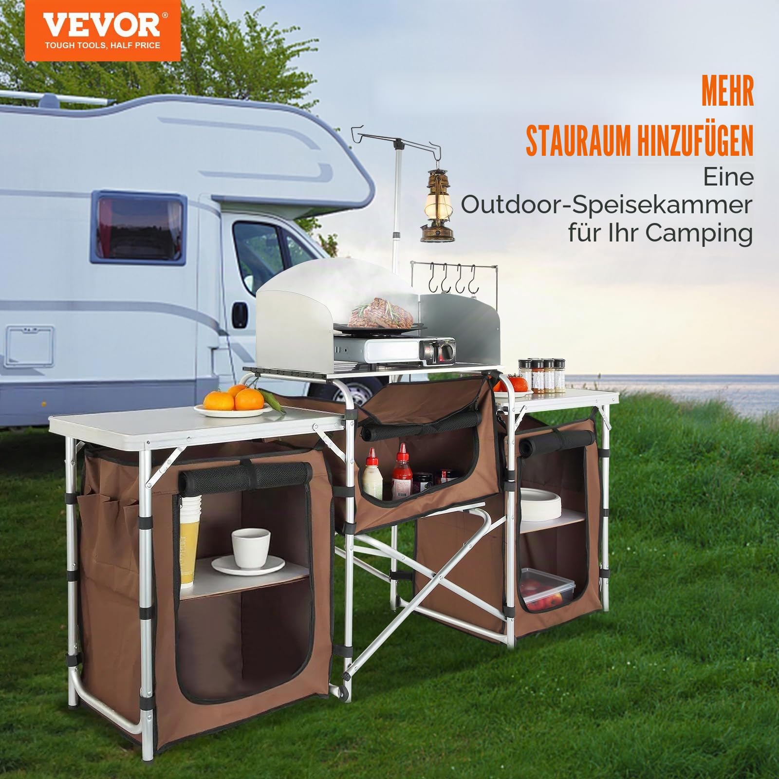 VEVOR Campingküche Campingschrank 174 x 176 x 46 cm, Tischküche mit Lampenmast & Haken Reiseküche, Faltbar Outdoor Küchenbox Aluminiumgestell Küchenschrank Campingkocher für Camping, Picknick usw.