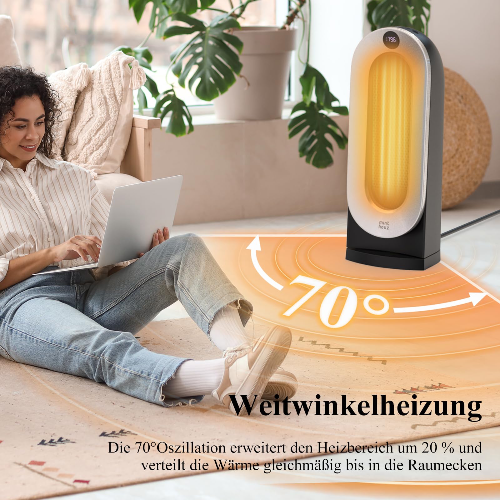 Minthouz Heizlüfter Energiesparend, 2000W PTC Keramik Heizlüfter mit 3 Heizstufen, ECO Modus, 70° Oszillation, Fernbedienung, 12H Timer, Kipp und Überhitzungsschutz,Elektroheizung für den Innenbereich