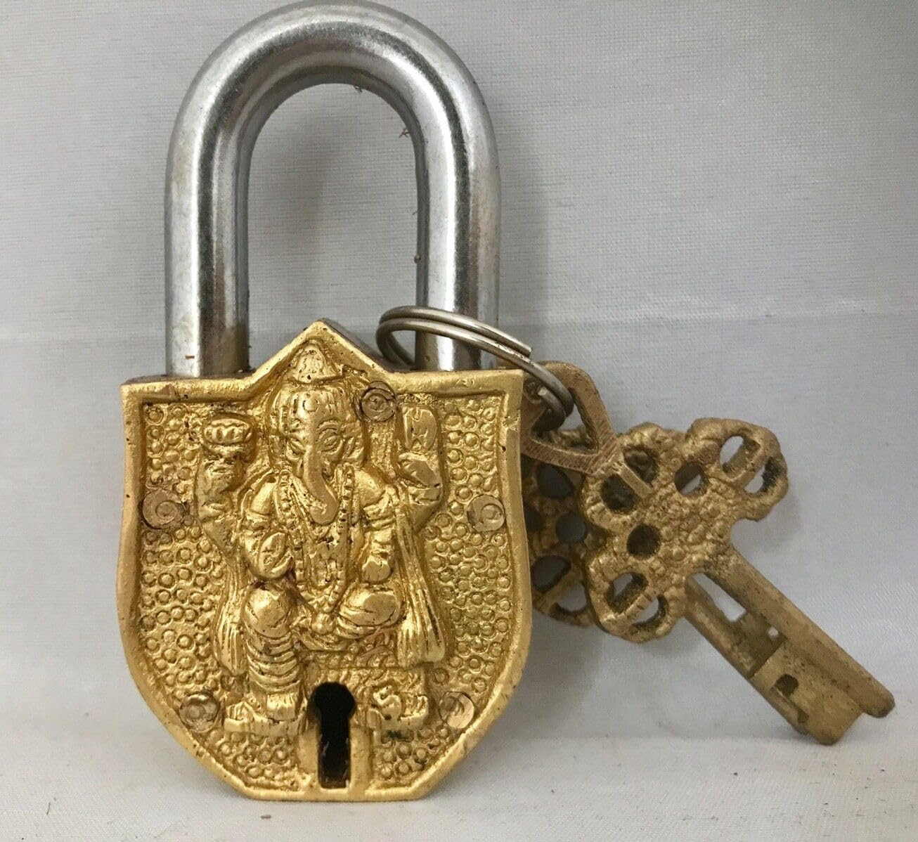 Brass Ganesha Padlock Elephant Lock Key OM OHM Antique Look Good Luck India.