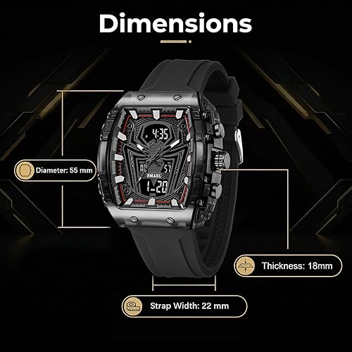 Miniatura 7 de SMAEL Relojes para hombre único cuadrado negro reloj de pulsera con pantalla digital analógica doble hora cronómetro Punk Cool diseño 5ATM