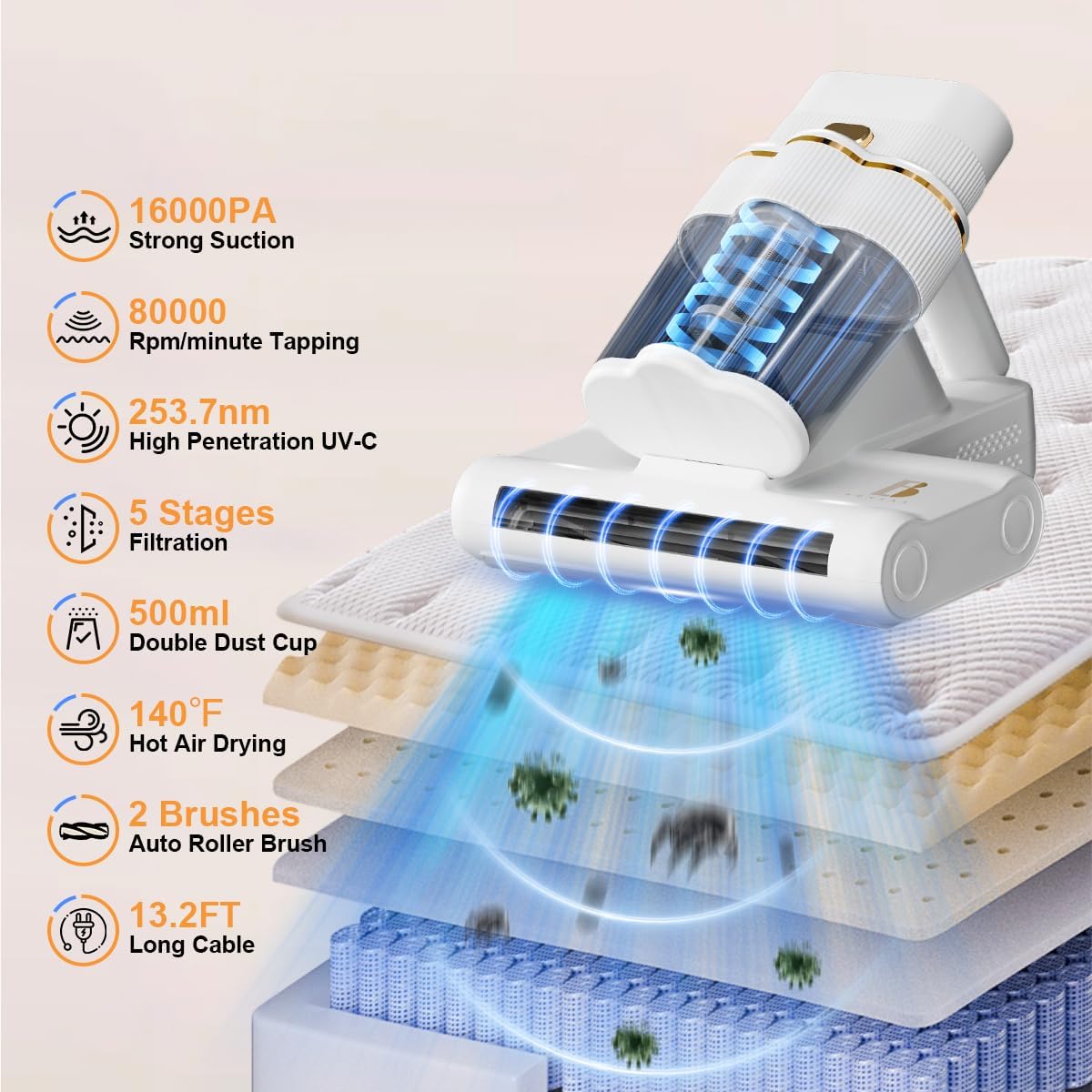 Mattress Vacuum Cleaner with UV-C Light 16Kpa Suction & 80000 rpm Double Brushrolls & Triple Cup, Heating & Ultrasonic & 2 Speeds & Widened Suction Port, Anti-Allergen Bed Vacuum Cleaner (Gold)
