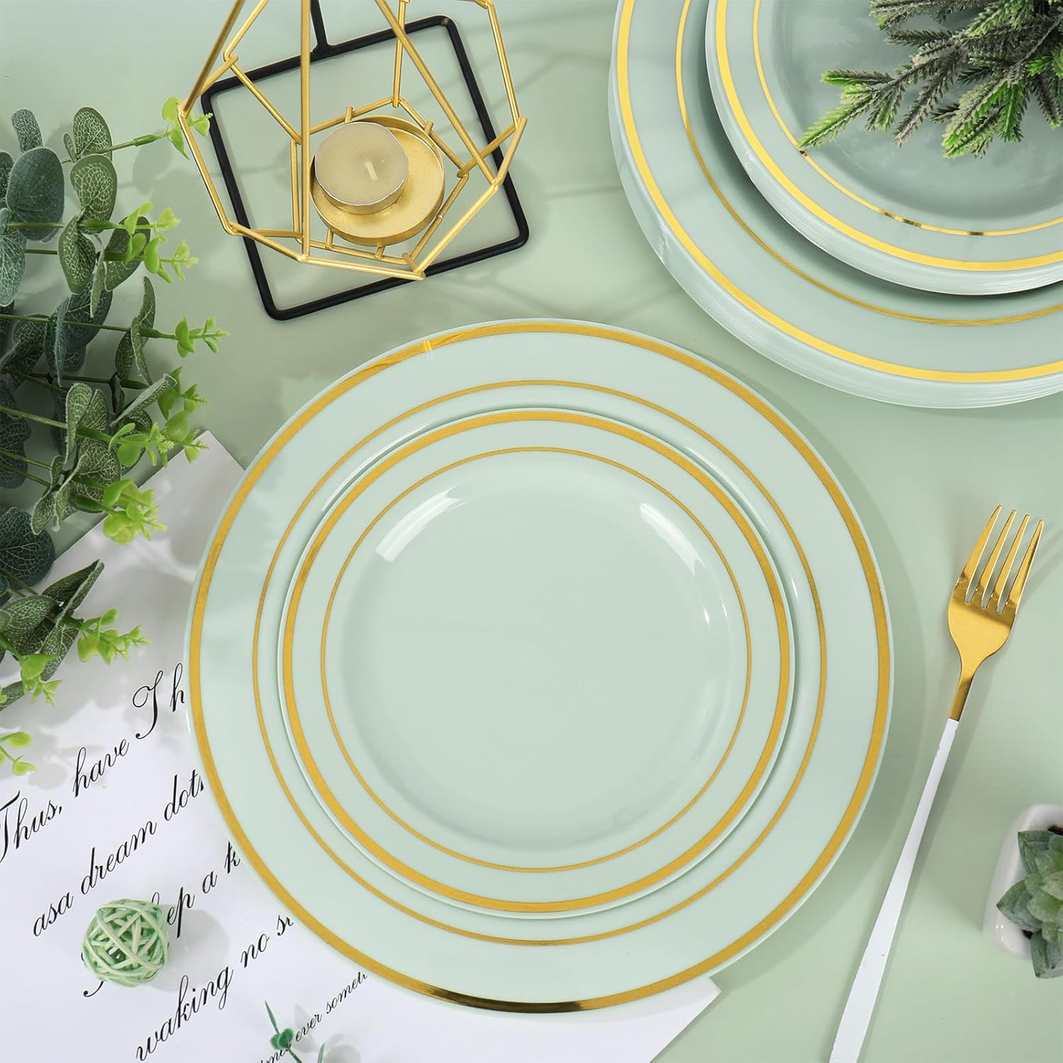 Whaline 50 Pcs Light Green Plastic Plates Gold Foil Bordered Disposable Plates Decorative Dinner Dessert Plate for Bridal Shower Wedding Party Supplies Table Decor - Image 4