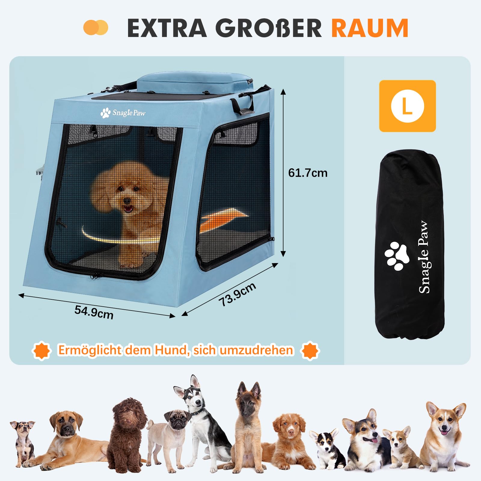 Snagle Paw Große Hundetransportbox für Autoreisen,Zusammenklappbare Transportbox mit Metallrahmen & 3-Maschigen Türen,Hundebox für Kofferraum/Rücksitz,Stabil Kennelbox mit Großer Aufbewahrungstasche