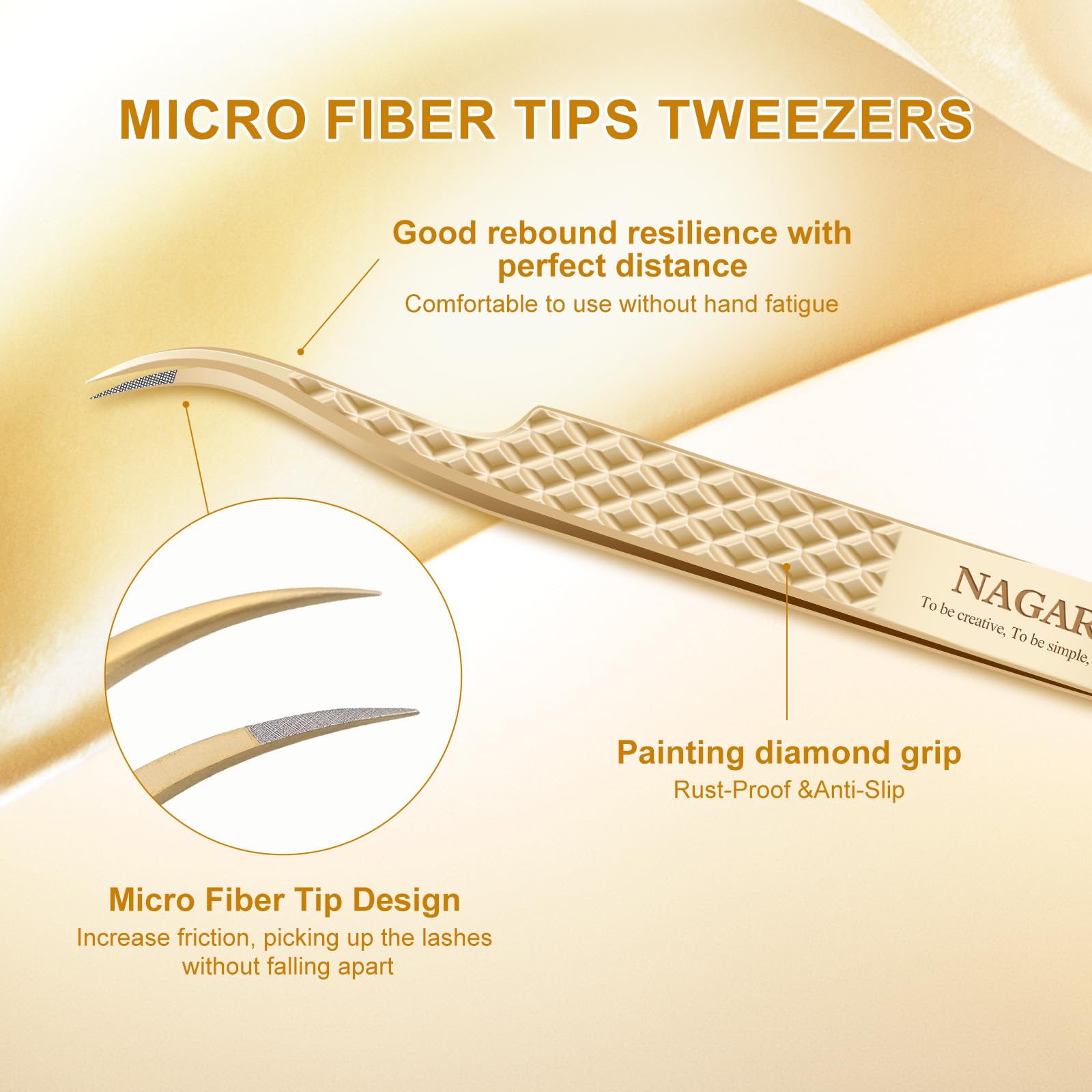 NAGARAKU Precision Fiber Tip Grip Tweezer for Eyelash Extensions Diamond Handle Anti-Static Anti-Slip Premium Gold Stainless Steel Eyelashes Tweezers Supplies with Box(C Curved Tip Tweezer AG-04) - Image 3