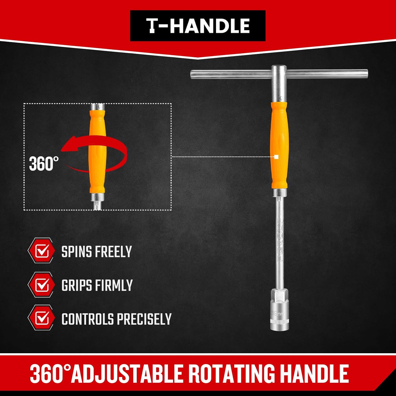 zhax 10-Piece Spinner T-Handle Speed Wrench Set, Metric (7-14mm, 17mm, 19mm) Handle Wrenches with CR-V Steel, 6-Point Socket Handles for Motorcycle Car Bicycle Repairing