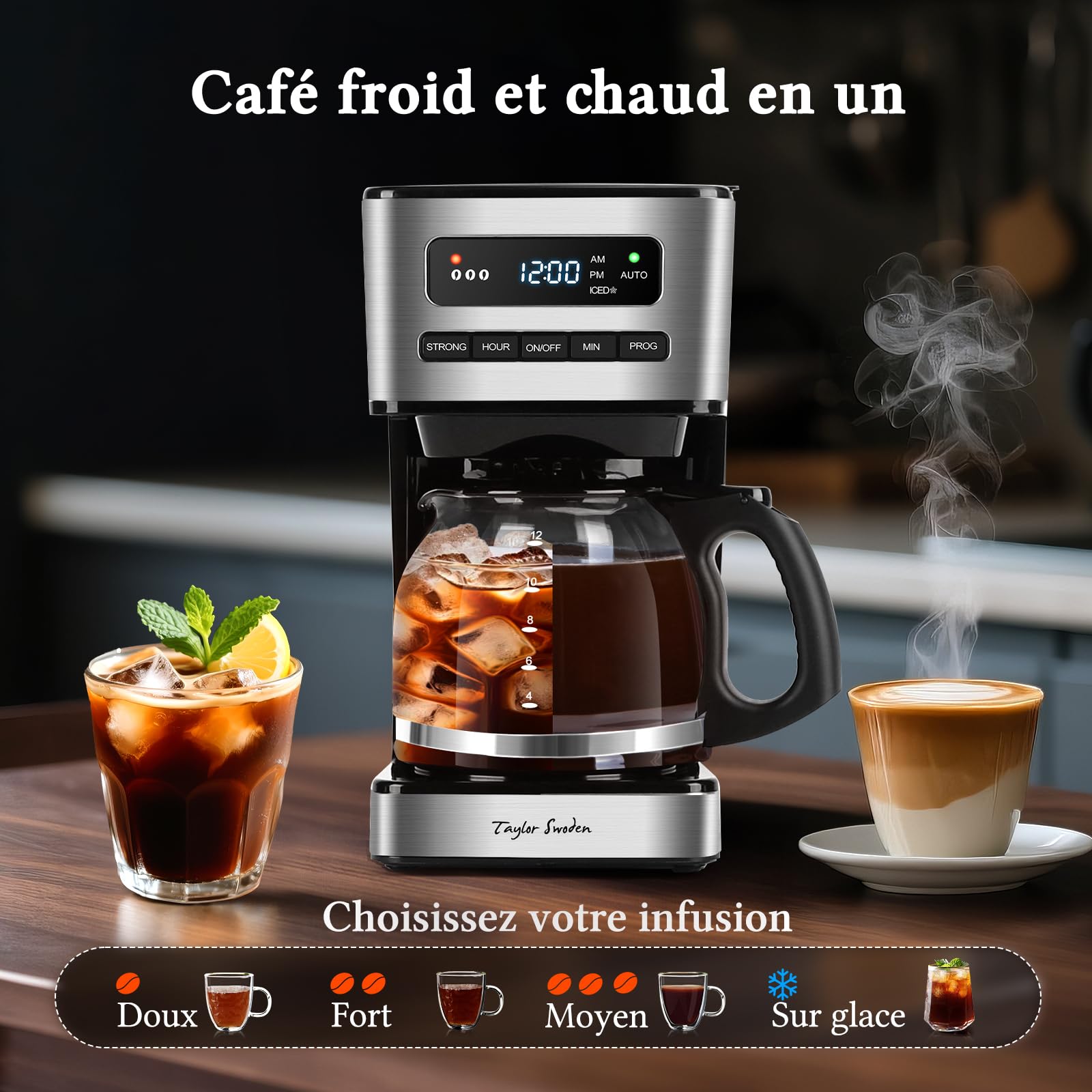Taylor Swoden Cafetiere filtre 1.8L (12-15 Tasses) - Programmable 24H, 3 Niveaux Concentration + Café Glacé, Autonettoyage, Anti-Goutte, Maintien au chaud & Arrêt Auto 40Min, Filtre Amovible,écran LED