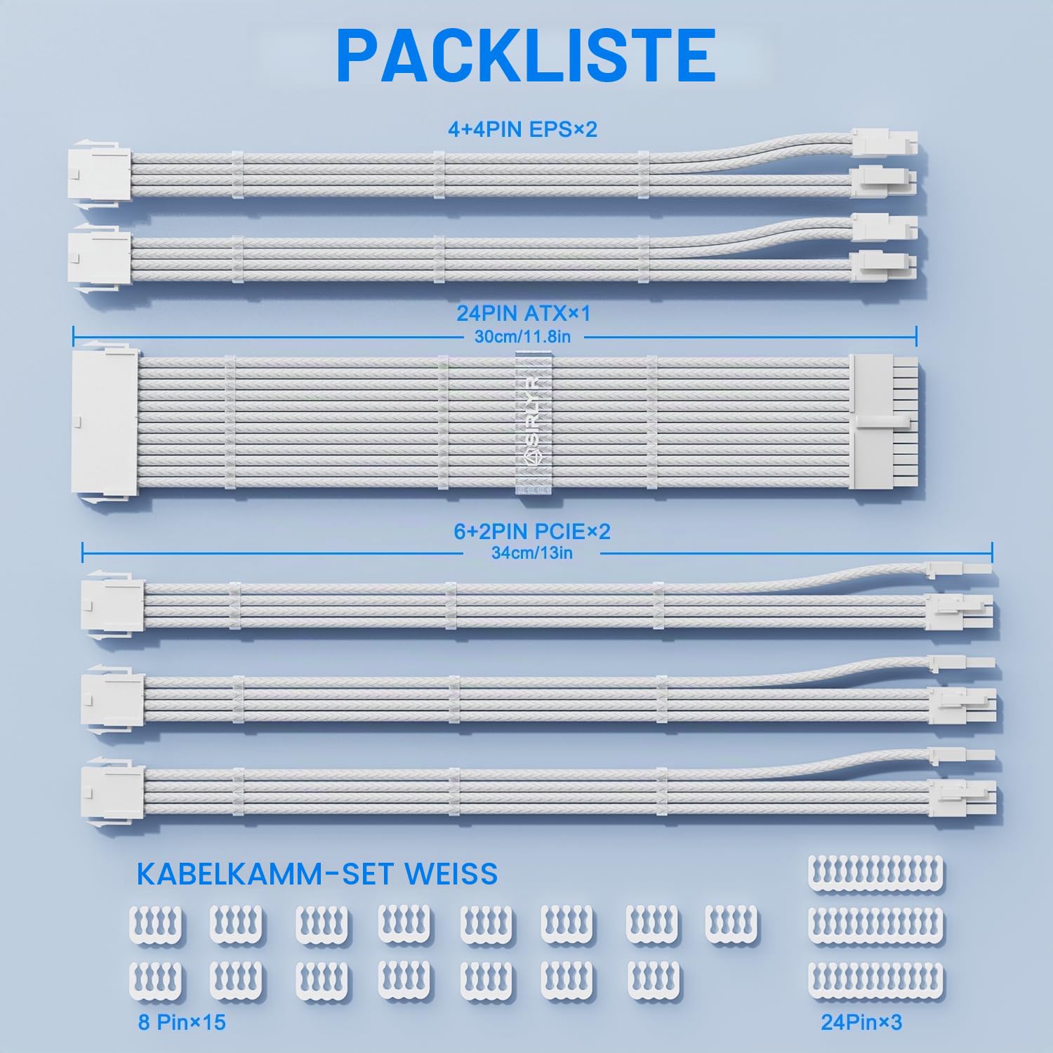Sirlyr Perlweißes Netzteil-Verlängerungskabel-Set, maßgeschneidertes Netzteilkabel für PC Build 16AWG 24pin ATX / 8 (4+4) Pin EPS CPU-Kabel / 8 (6+2) Pin PCI-E GPU PSU Kabel 6 Stück mit Kabel