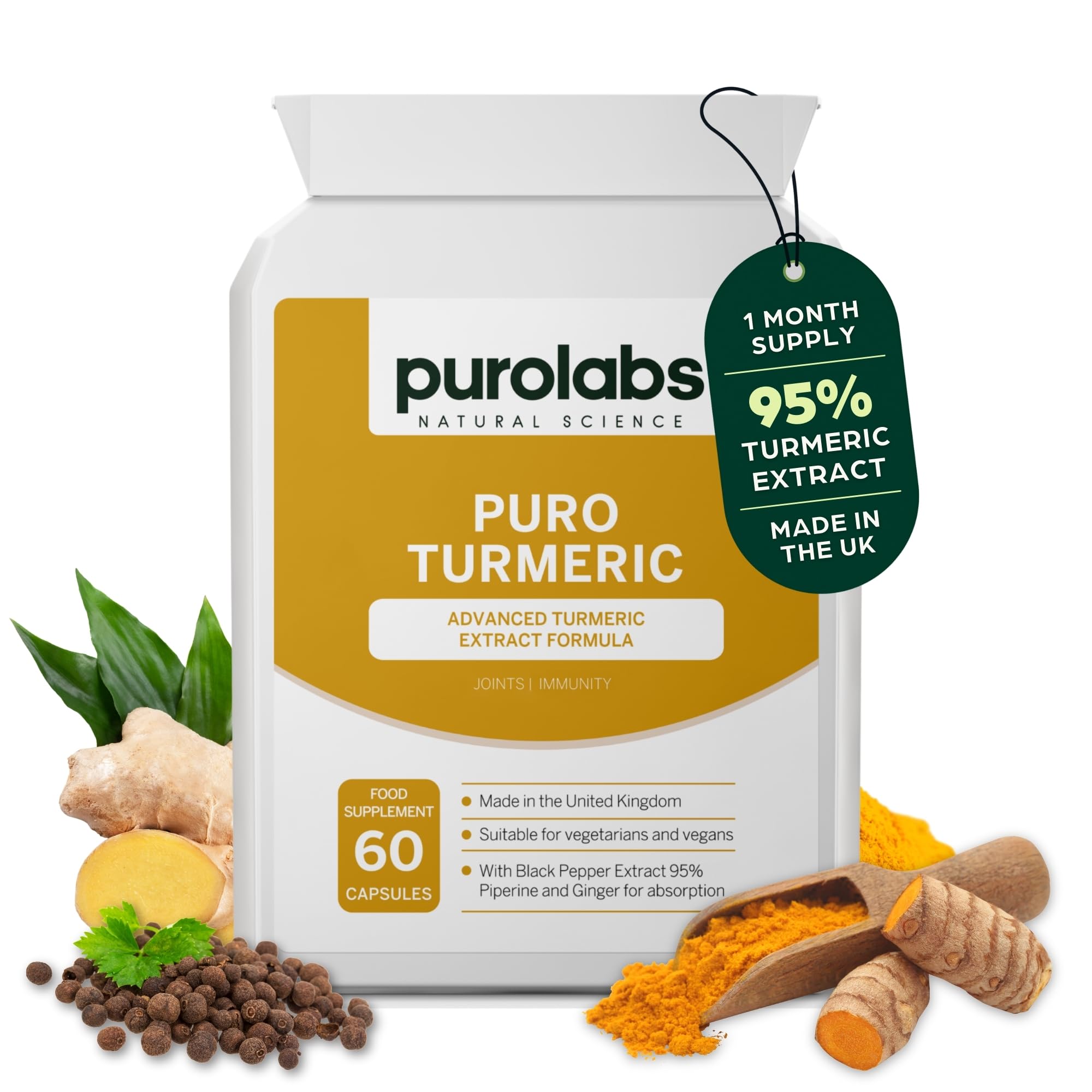 Turmeric and Black Pepper Capsules (High Strength) - 95% Curcumin Extract Tablets with Ginger for Men & Women | 60 Vegan Capsules | Made in The UK