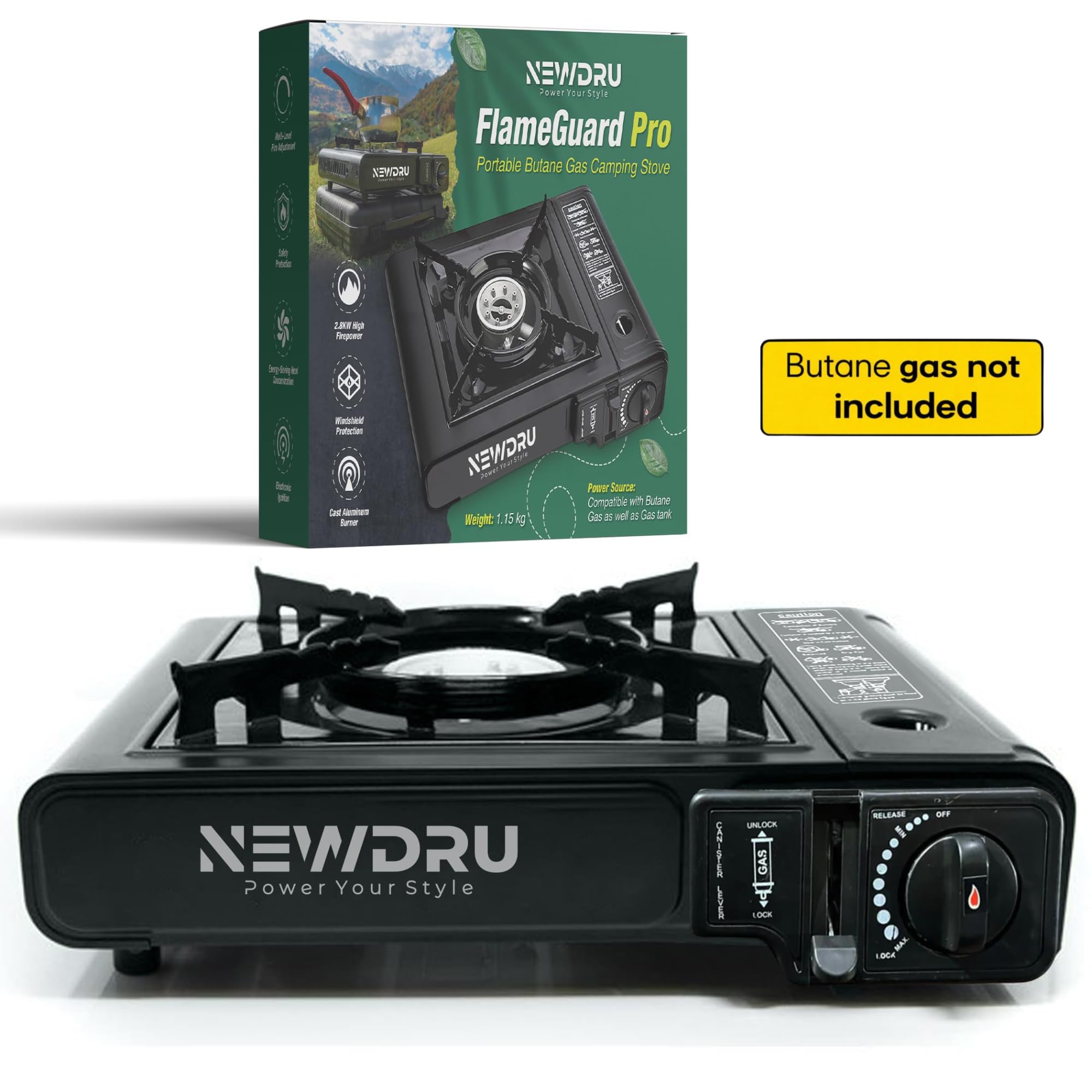 NEWDRU Portable Butane Gas Camping Stove (Without can) | Piezo Auto-Ignition, Adjustable Flame, Pressure Safety Cut-Off | Lightweight Steel Body, MSF-1a Compatible | FlameGuard Pro - Black