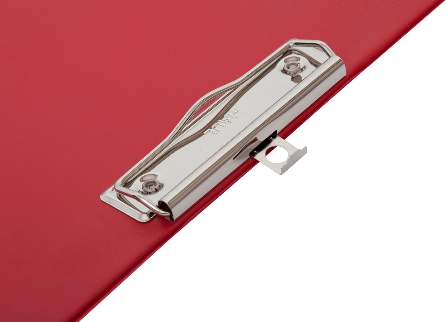 Close-up of the metal clip mechanism on the red clipboard, showing how it opens.