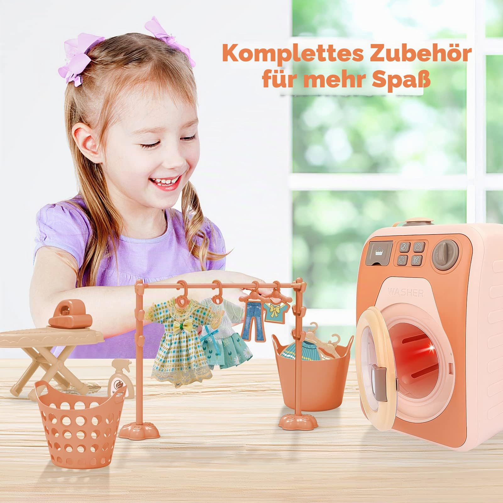 deAO Waschmaschine Spielzeug für Kinder, Mini Simulationswaschmaschine mit 4 Programmen, Rotierender Waschtrommel, Licht, Ton, Washe Spielzeug Kinderwaschmaschine mit Zubehör für Kinder (Braun)