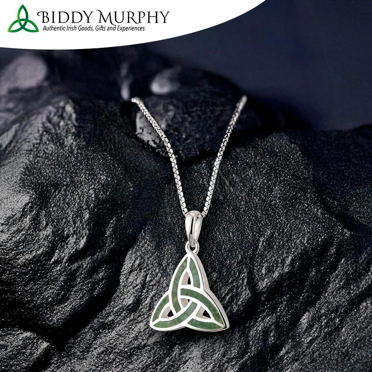 Biddy Murphy 925 Sterling Silver Celtic Trinity Knot Pendant & Connemara Marble Inlay, Traditional Irish Women's Jewelry Handcrafted by Ireland's Finest Artisan Jewelers, 18" Inch Chain - Image 2