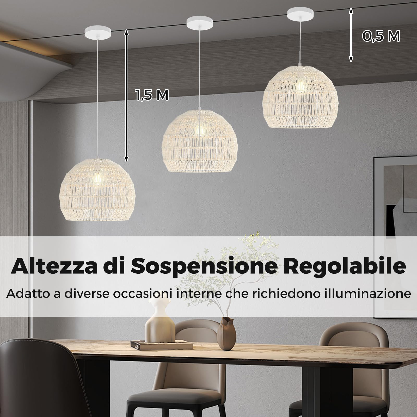 COSTWAY Lampada a Sospensione, Lampadario Moderno con Struttura in Metallo e Cupola in Carta, Luce con Altezza Regolabile per Cucina, Camera da Letto e Soggiorno, 43 x 43 x 34 cm (Beige)