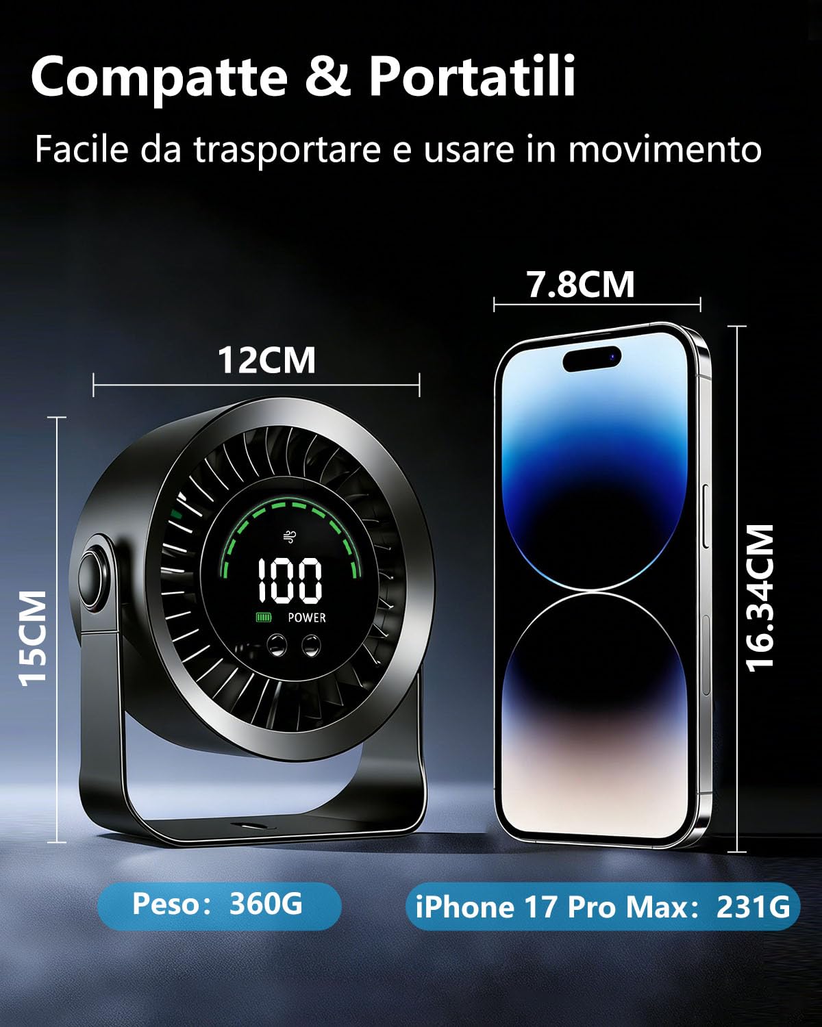 Ventilatore da Tavolo Silenzioso, Ventilatore Scrivania Utilizzabile Durante la Ricarica, Regolazione Continua 1-100 con Display LED, Batteria 4000mAh, Autonomia 17 Ore per Ufficio e Smart Working