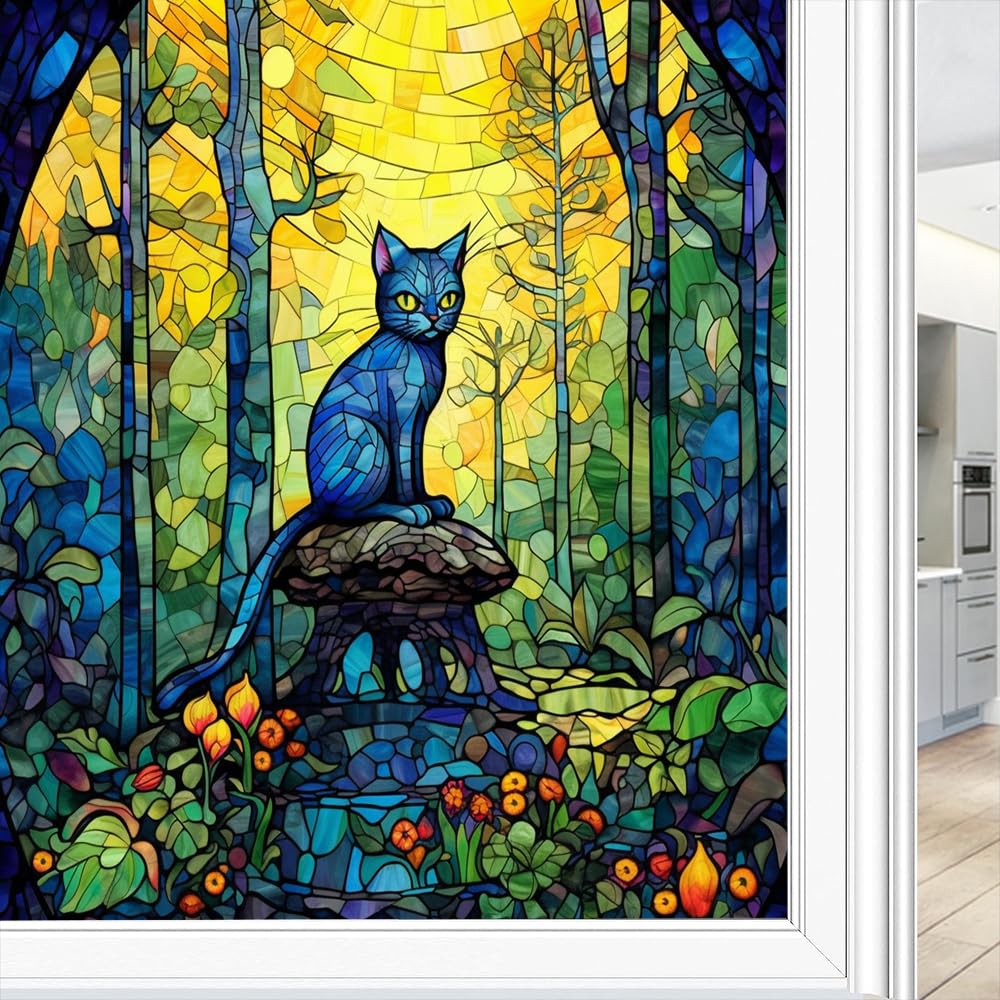 Cat Stained Glass Window Film - 39.4"x16.9" Holographic Privacy Decal For Home & Office - View #3