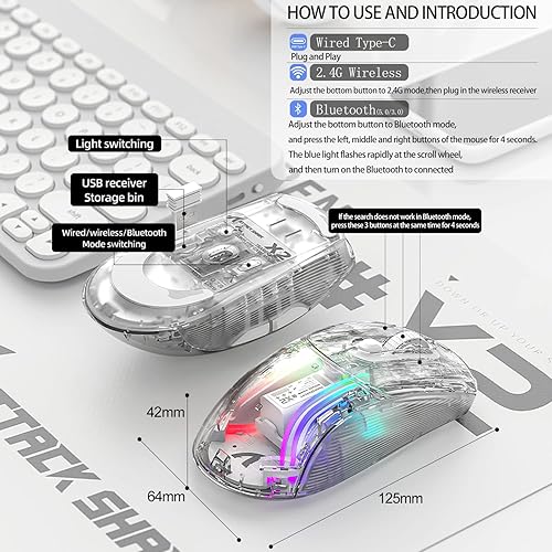 Miniatura 8 de Ratón inalámbrico para juegos con diseño transparente completo, doble modo 2.4Gmouse Bluetooth, retroiluminación RGB 3D, mouse silencioso ergonómico