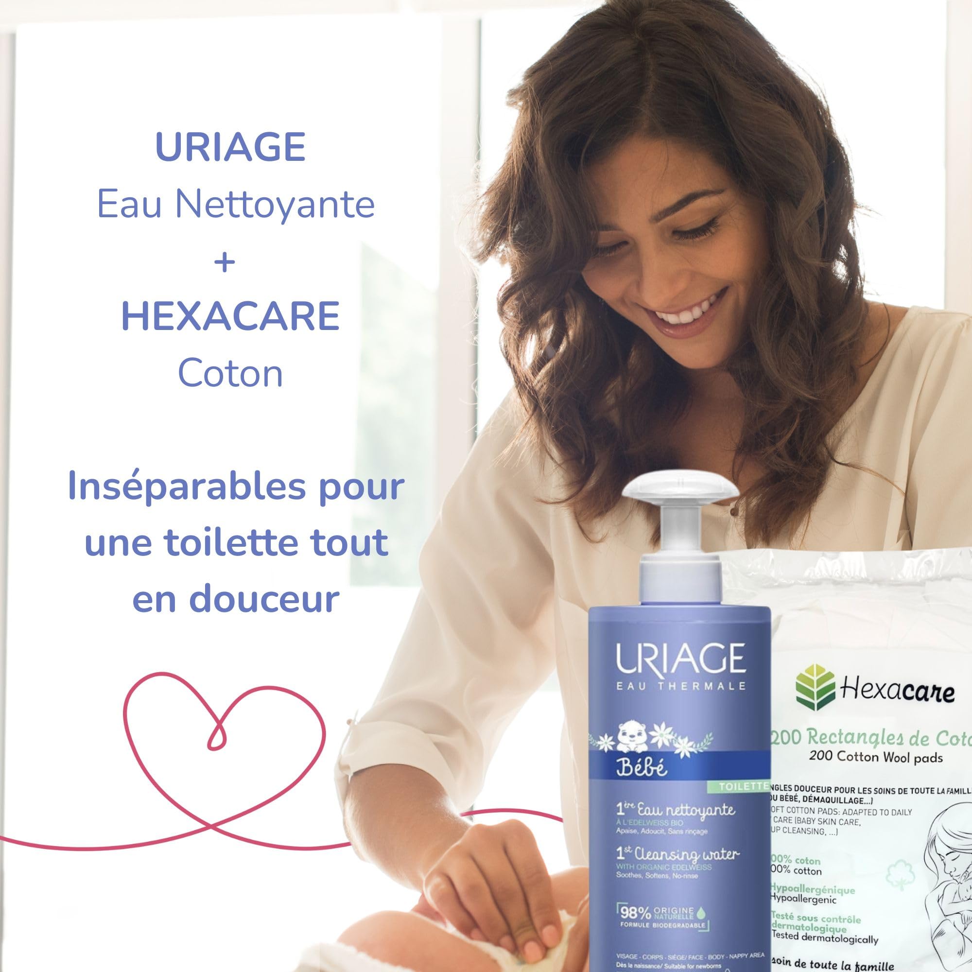 Pack Eau Nettoyante Bébé 1L 600 coton 8x10cm Visage Corps