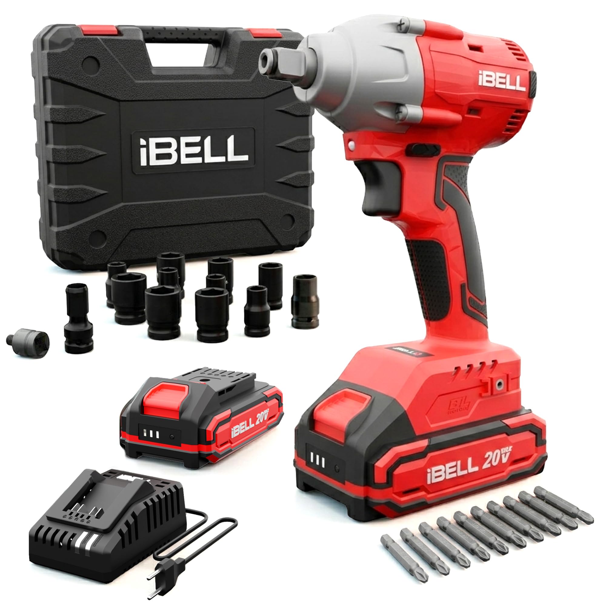 iBELL BW 20-32, 20V, 1/2" Brushless Cordless Impact Wrench Kit, 300Nm Torque, 1800-3000 RPM, 2250-3700 IPM, 2.0Ah Battery, Sockets, Adapters, LED Light, Charger & BMC Box.-image-26