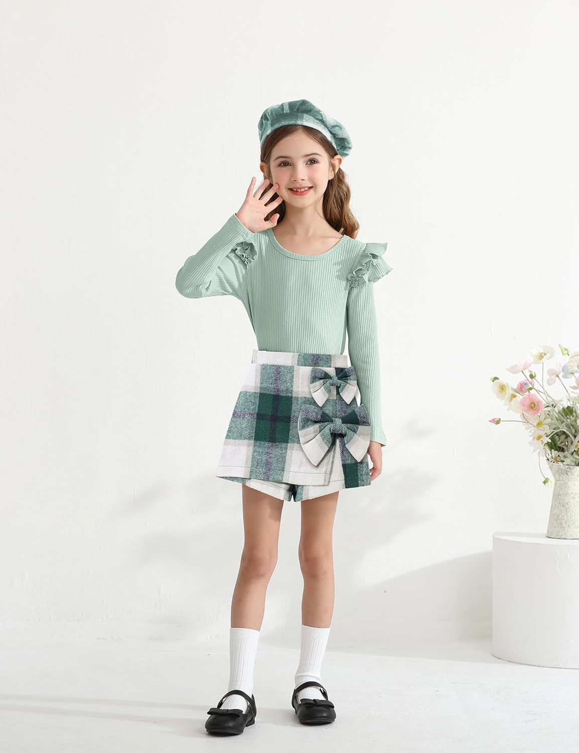 Girls Clothes Ruffle Sleeve T-shirt Top and Bowtie Plaid Skort Set with Hat 3PCS Girls Fall Outfits - Image 3