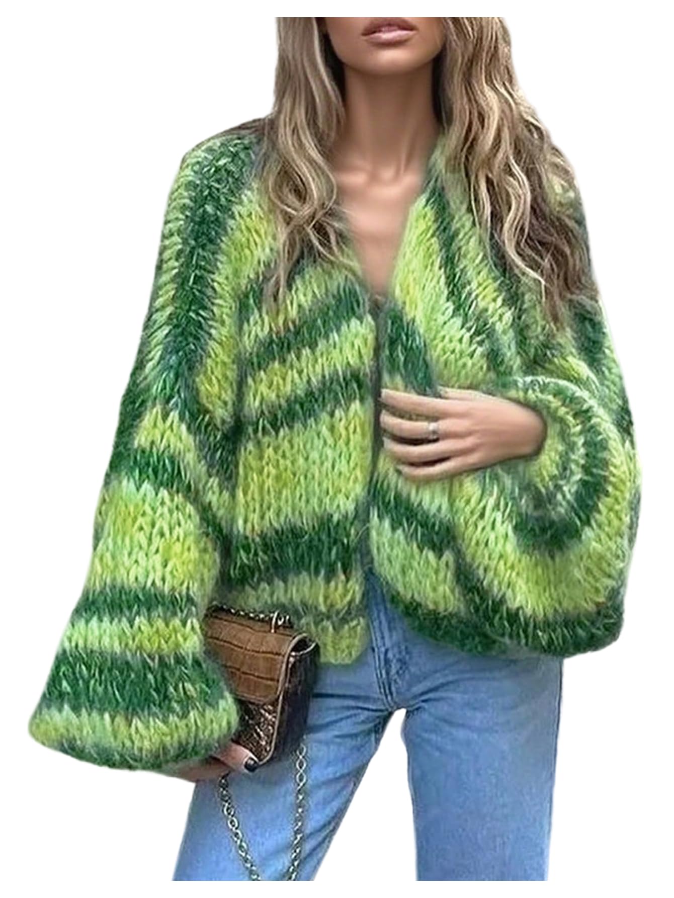 GORGLITTER Womens Color Block Cropped Cardigans Long Sleeve Oversized Open Front Chunky Knit Fall Sweater Coats