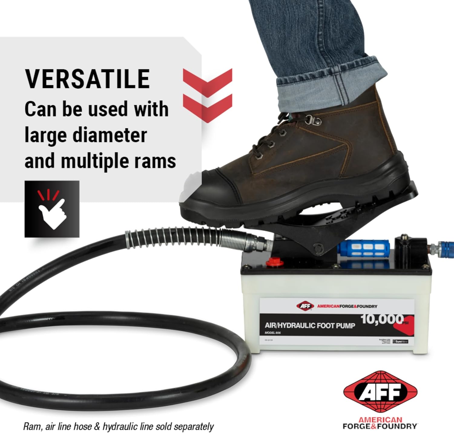 AFF Air/Hydraulic Foot Pedal Pump with Aluminum Reservoir, 10 Ton Capacity, 10,000 PSI, 806