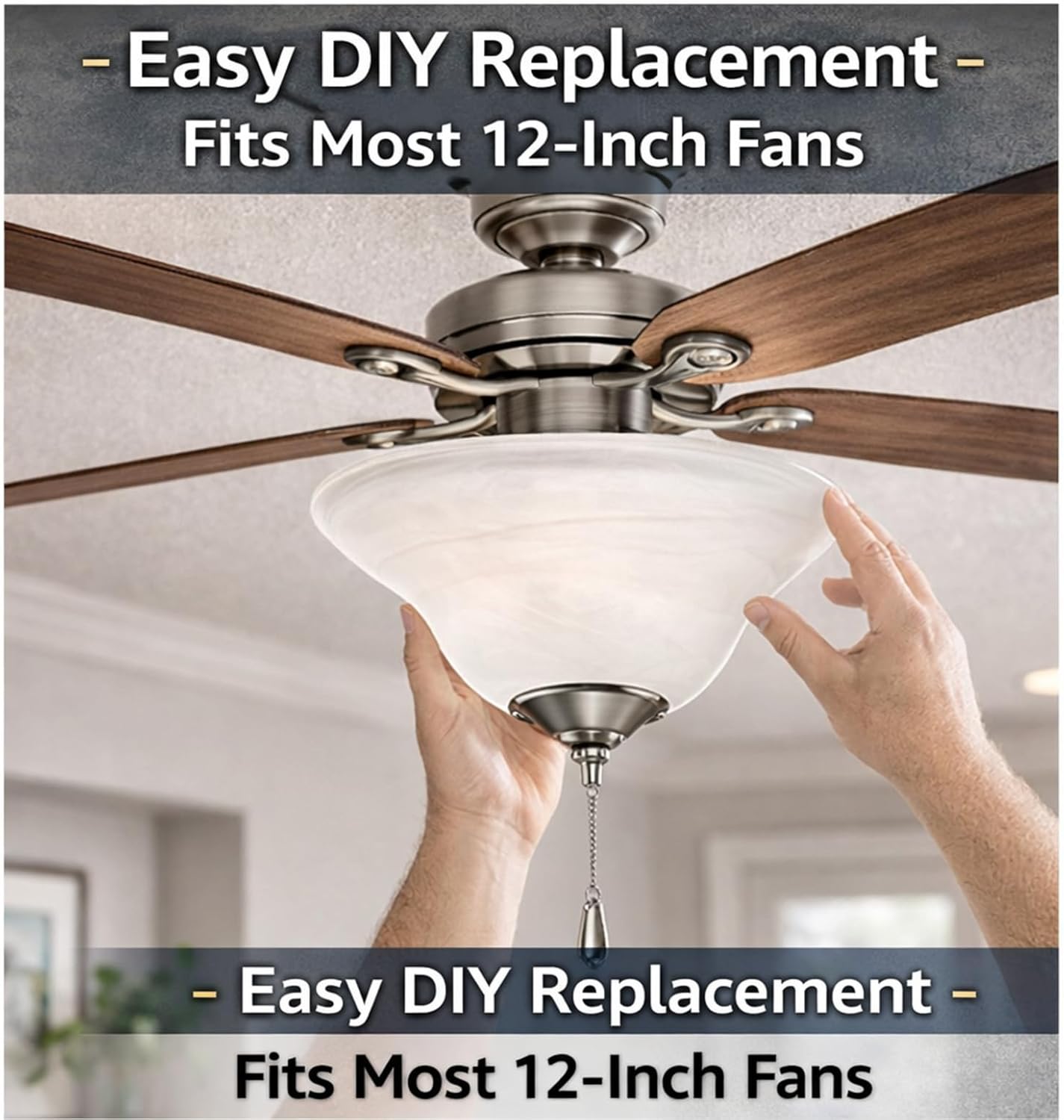 Baquler 2 Pcs Light Ceiling Fan Lamp Kit with Finials & Brushed Nickel, 12 Inch Replacement Alabaster Glass Shade Ceiling Fan Classic Transitional Alabaster Glass Lamp Shade, Bulbs Not Included