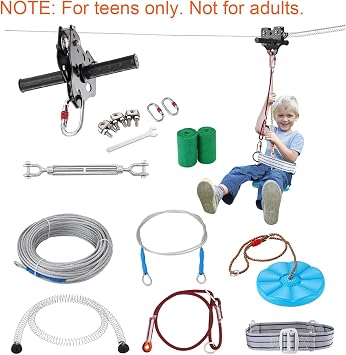 Happybuy100 ft Zipline Kit for Teens, Backyard Outdoor Setup with Stainless Steel Cable and Spring Brake, Ideal for Playground Fun Note for Teens Only. Not Suitable for Adults
