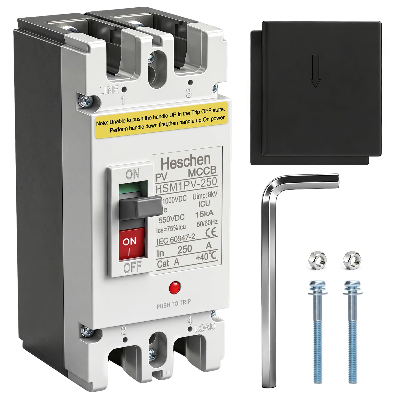 Heschen Disyuntor de caja moldeada CC MCCB, 2P, DC550V, Disyuntor Fotovoltaico, para sistema solar fotovoltaico, Sistema de rejilla de paneles solares (250A, HSM1PV-250)