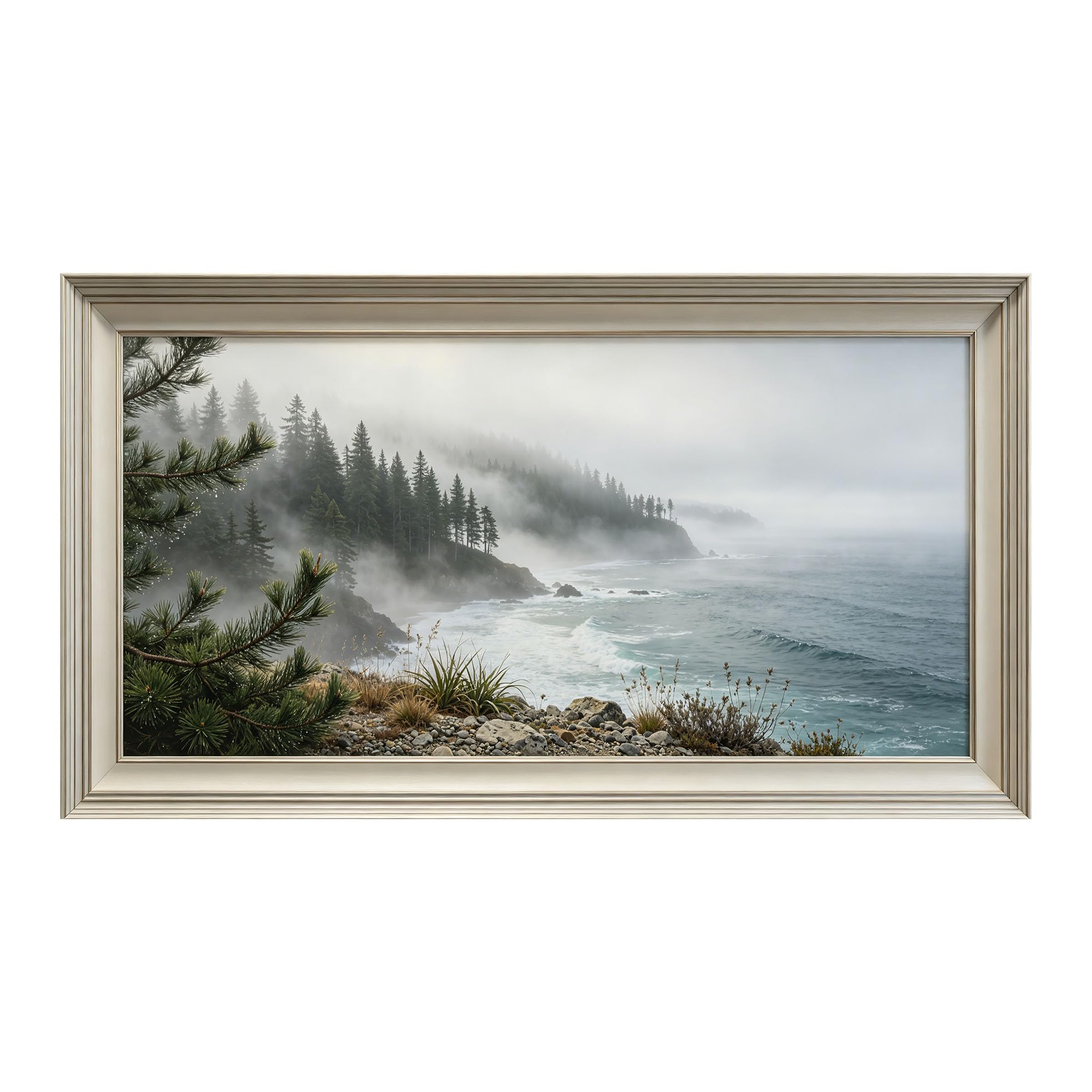 Yzpallescene 3D Framed Wall Art 50cm×100cm Misty Coastal Pine Forest Seascape Realistic Panoramic Large Size SelfAdhesive Removable Wall Decor Prints Artwork for Living Room Bedroom Office