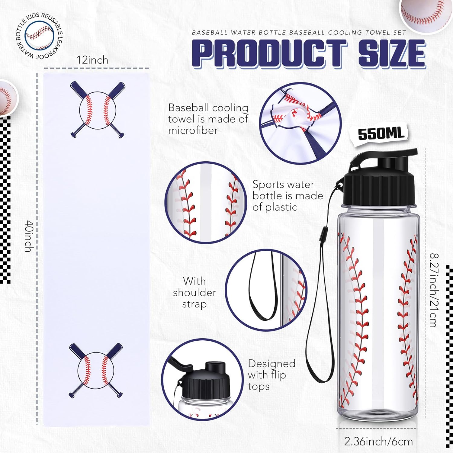 24 Pieces Baseball Water Bottle Baseball Cooling Towel Set Include 12 Reusable Sports Squeeze Water Bottle 12 Ice Towel Breathable 40"x12" Cooling Towels for Soccer Sport Team Gift