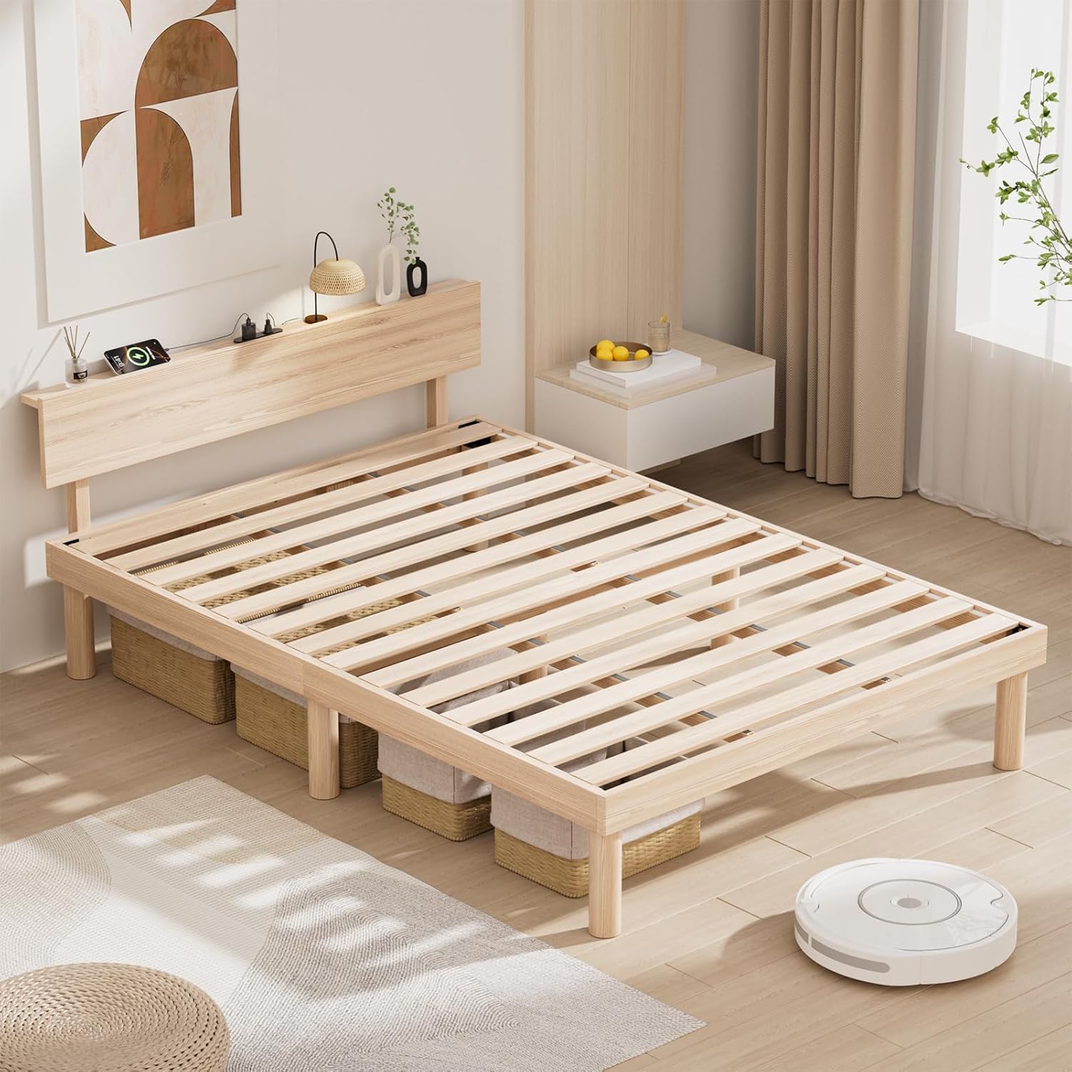 Amazon｜ベッドフレーム シングル ベッド 宮棚 2口コンセント 天然木