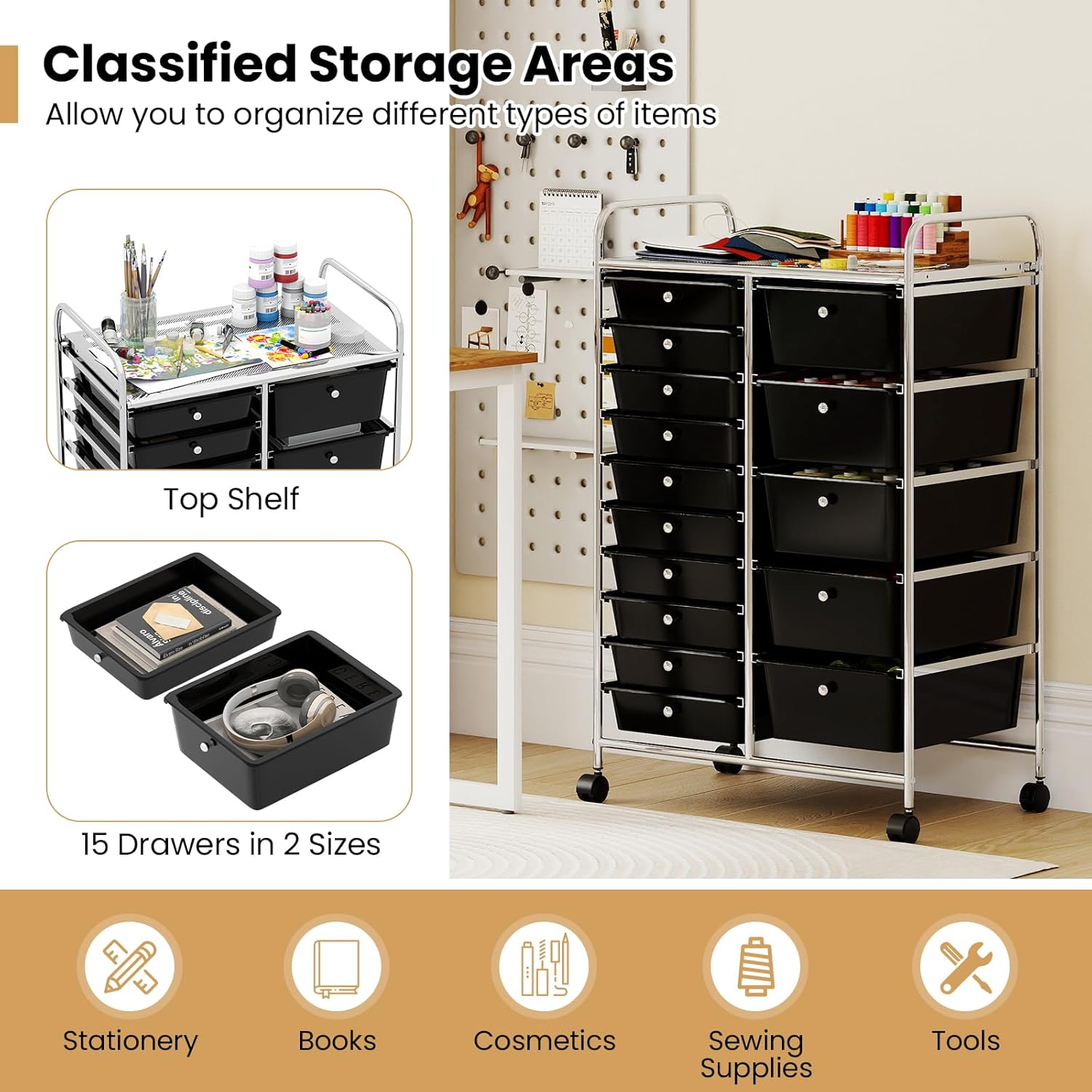 BECOMFORT 15-Drawer Rolling Utility Cart, Storage Cart on Wheels, Teacher Classroom Organizers with Metal Frame & Lockable Wheels, Mobile Trolley Craft Cart for Art Paper Tools (Black, 15 Drawers)