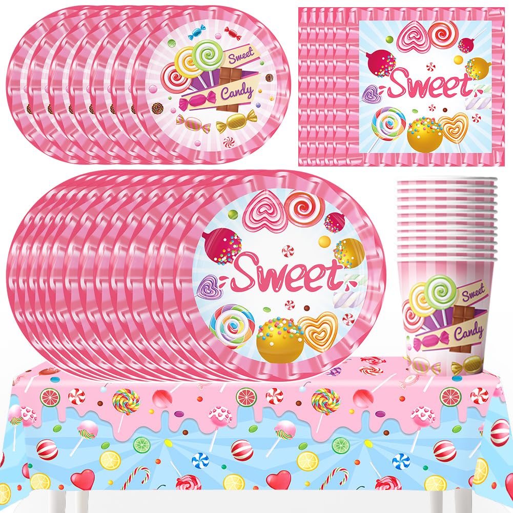 Set di Stoviglie per Feste 51 Pezzi Set di Posate per Piatti Caramelle Party Piatti Tovaglioli Tovaglia Decorazione per Feste di Compleanno per Bambini Compleanno Caramelle Decorazione a Tema