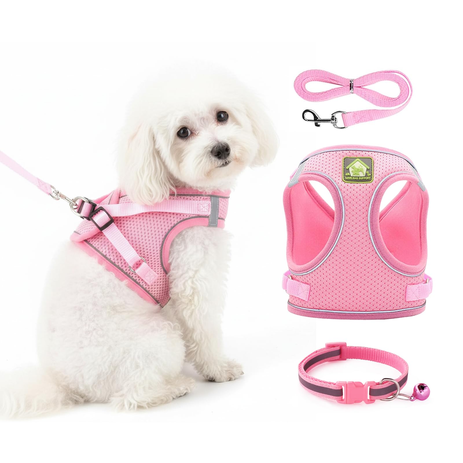3 Piece Puppy Harness and Lead Sets - Pink Reflective Soft Mesh Vest with Collar - Adjustable Extra Small Dog Harness for 8 to 12 Weeks Puppies - Breathable Walking Training Gear (S)