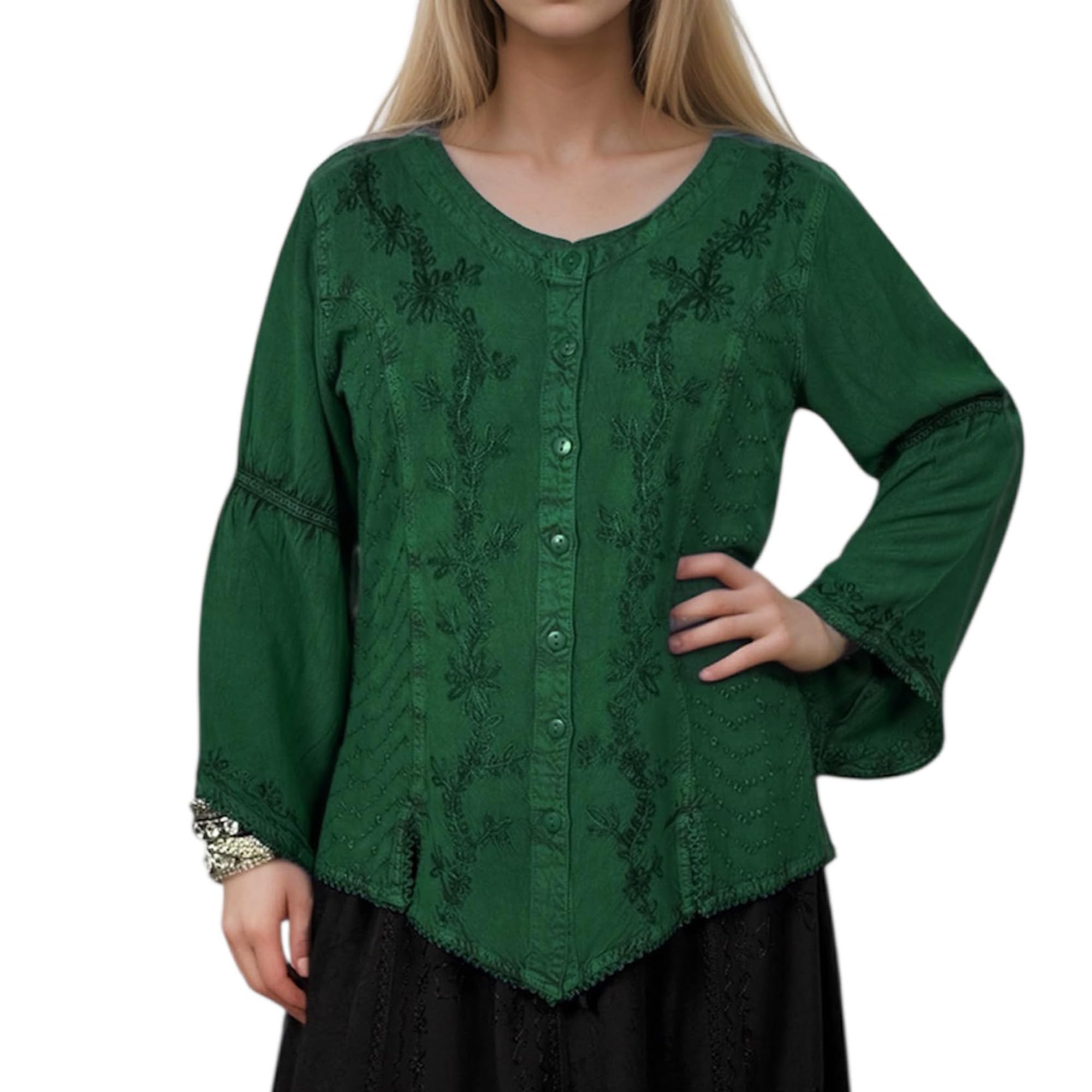 Agan Traders 2026 Winter Gypsy Medieval Long Sleeve Embroidered Tops for Women - Button Down Renaissance Women's Blouses