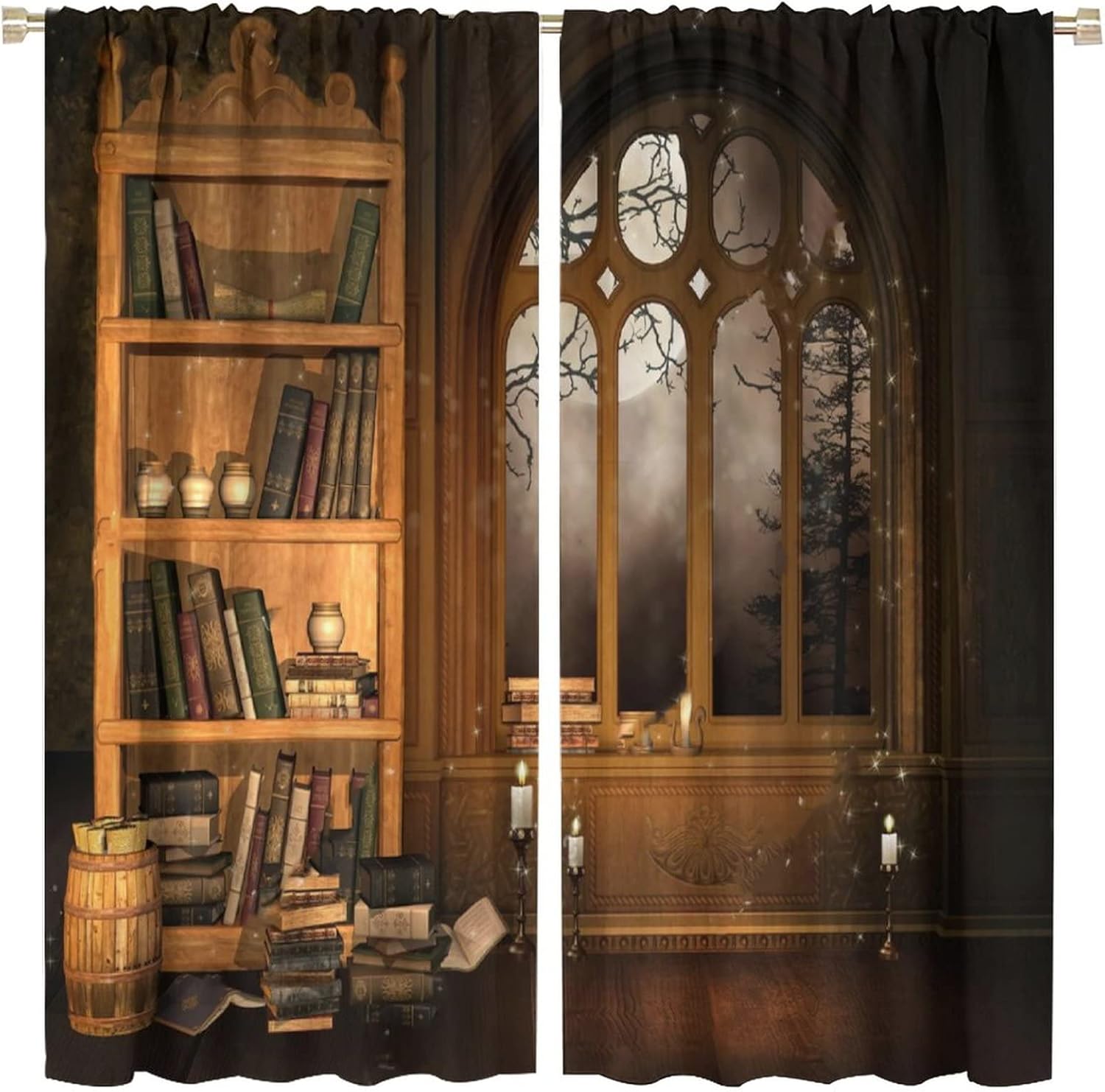 Gothic Forest Moon Curtains,Dark Black Nature Star Tree Scenery Foggy Woodland Landscape Art Printed Window Treatments Living Room Bedroom Window Drapes 2 Panel, 72" X 63"