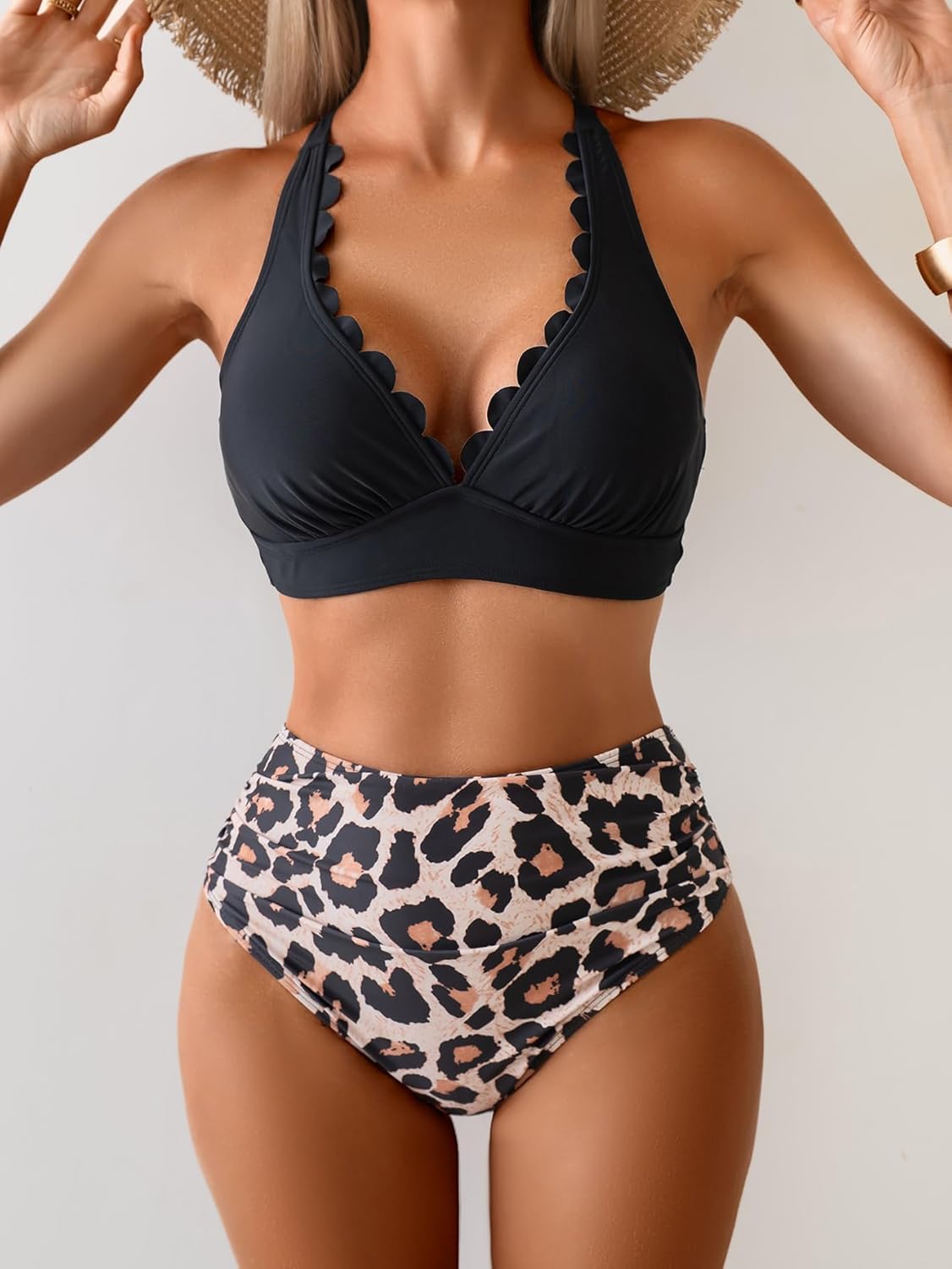 Womens Bikini Set Tummy Control Ruched Two Piece Swimsuit Scalloped V Neck Criss Cross Tie Back Bathing Suit - Image 4